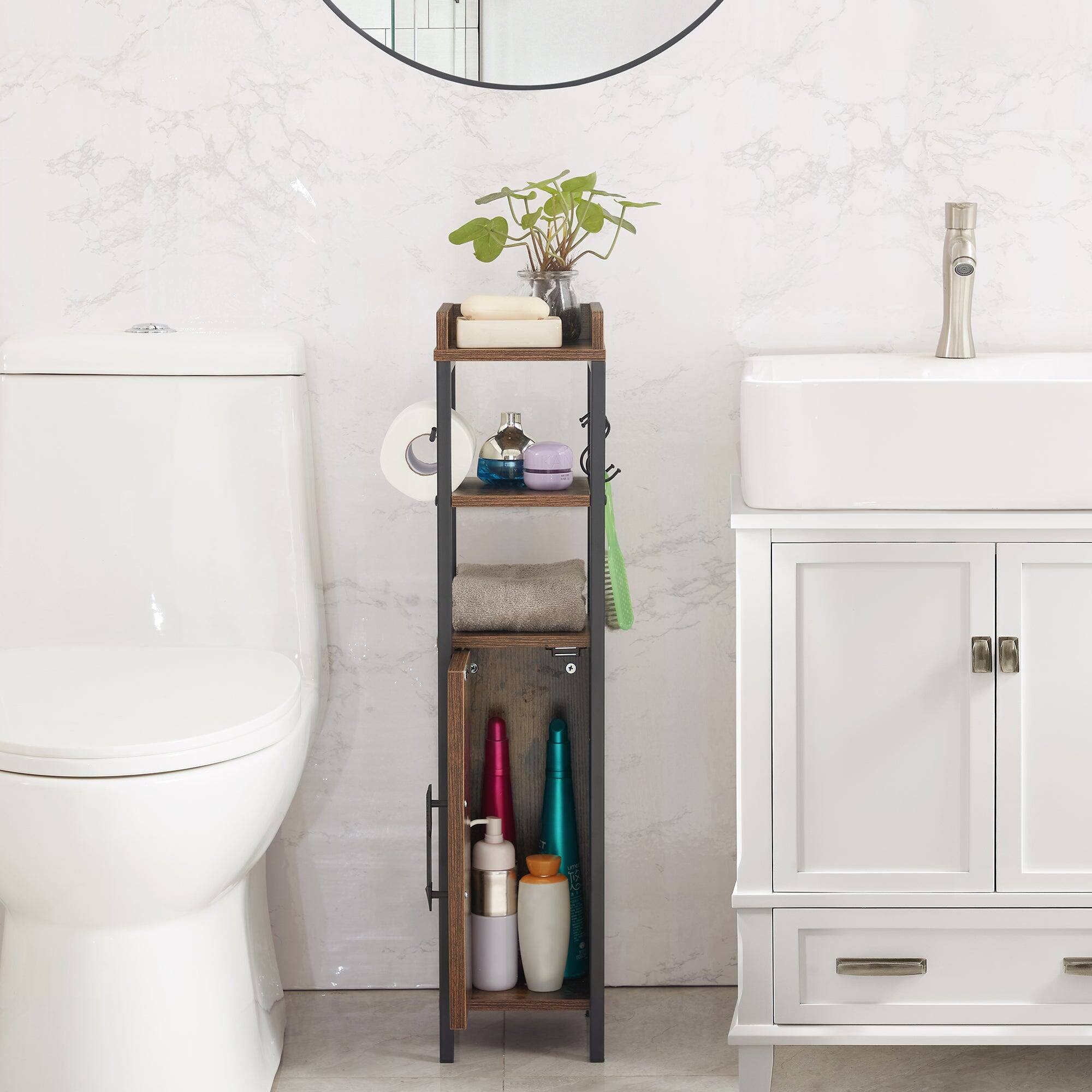 Alt View 1. Vecelo - 4-in-1 Bathroom Storage Cabinet with Toilet Paper Holder - Slim Toilet Organizer, Towel Rack & Enclosed Storage - Brown.