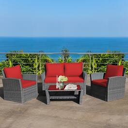 Costway - 4PCS Patio Rattan Furniture Set Sofa Table W/Storage Shelf Cushion - Red