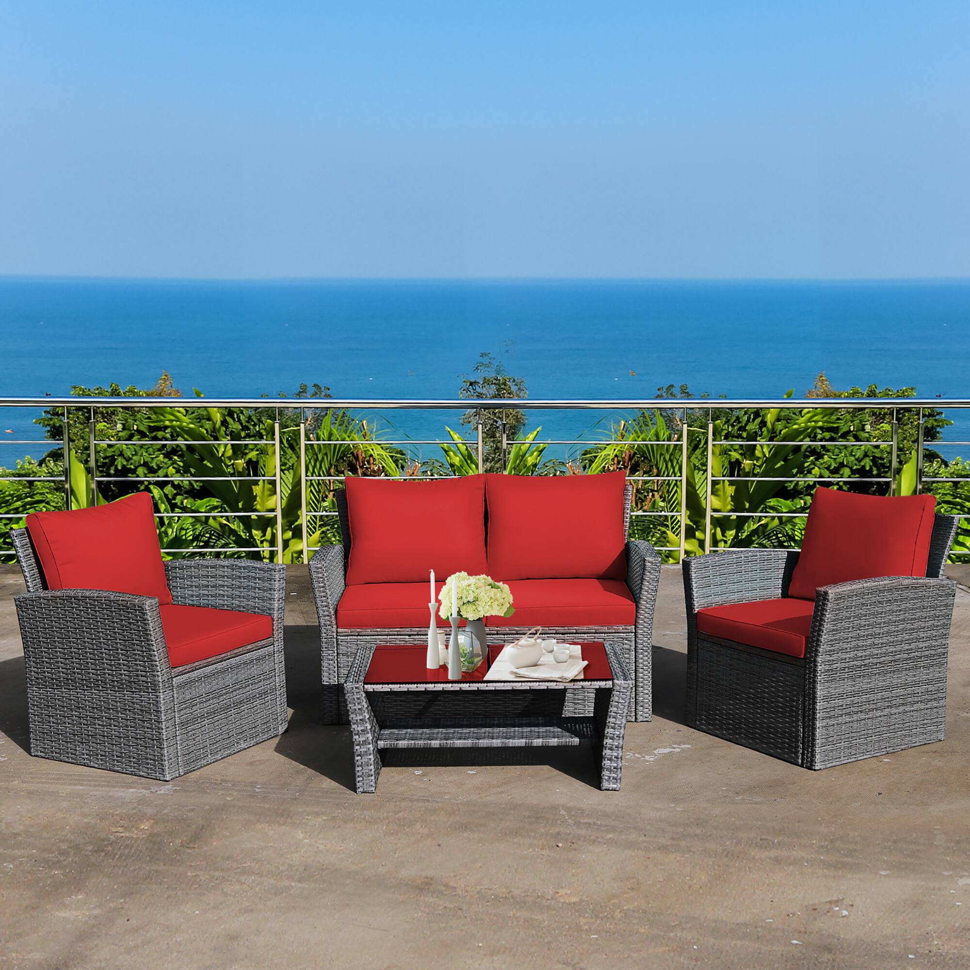 Alt View 1. Costway - Costway 4PCS Patio Rattan Furniture Set Sofa Table W/Storage Shelf Cushion - Red.