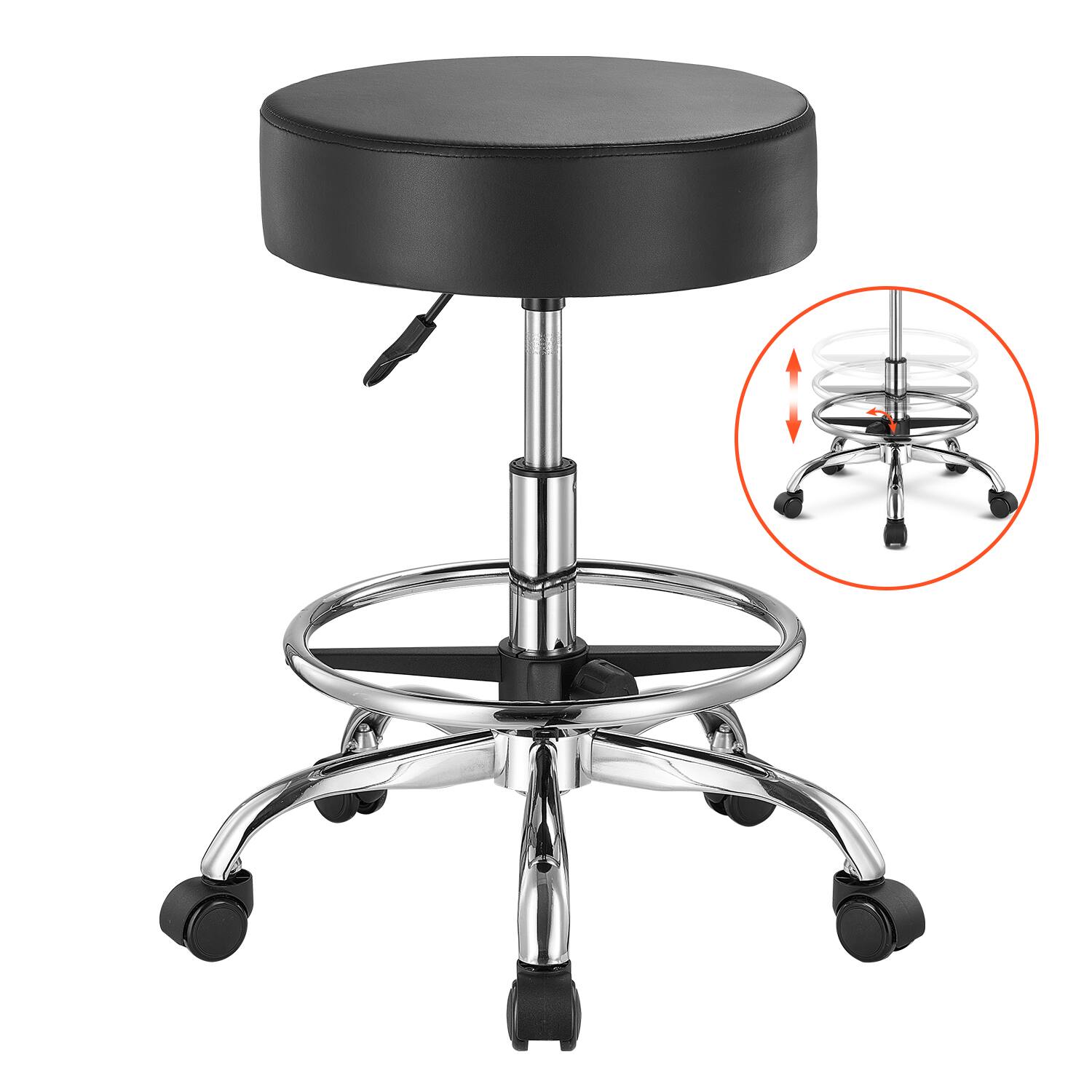 Front. VEVOR - Rolling Stool with Foot Rest and Wheels, 450 LBS Weight Capacity Round Rolling Stool Chair - Black.