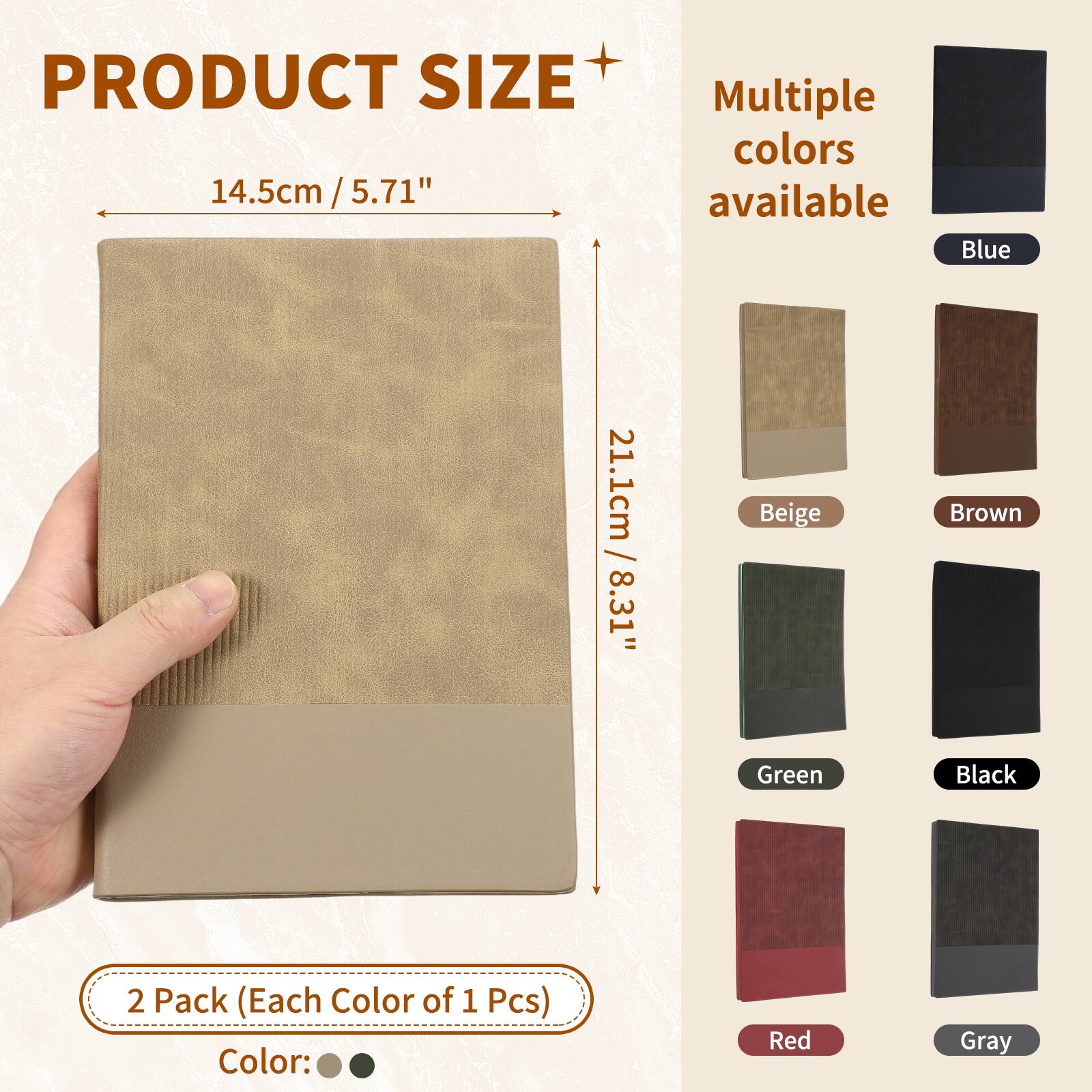PRODUCT SIZE 14.5cm / 5.71" x 21.1cm / 8.31"  
Multiple colors available: Blue, Beige, Brown, Green, Black, Red, Gray  
2 Pack (Each Color of 1 Pcs)