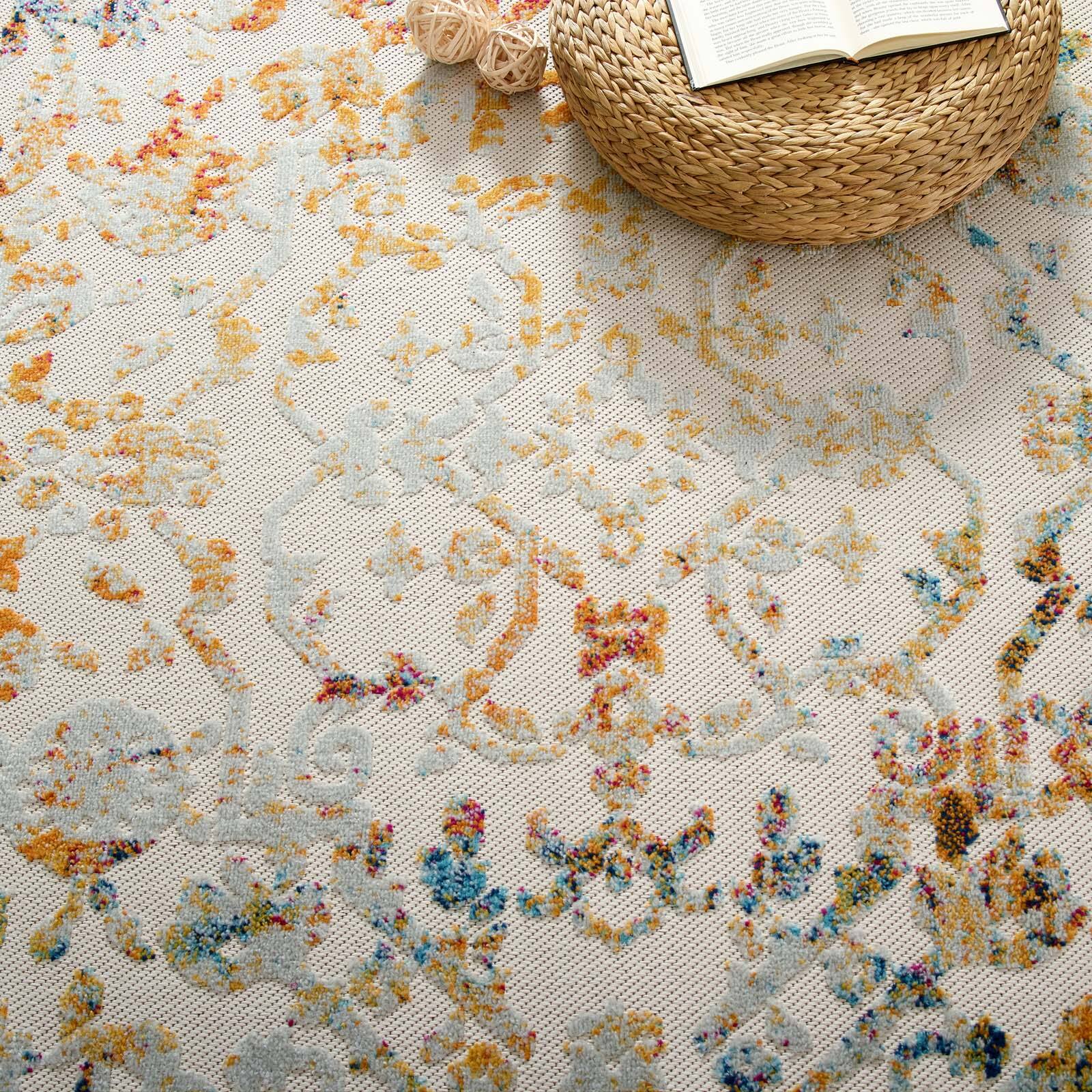 Back. Modway - Reflect Primrose Ornate Floral Lattice Indoor/Outdoor Area Rug - Ivory Light Blue Multicolored.