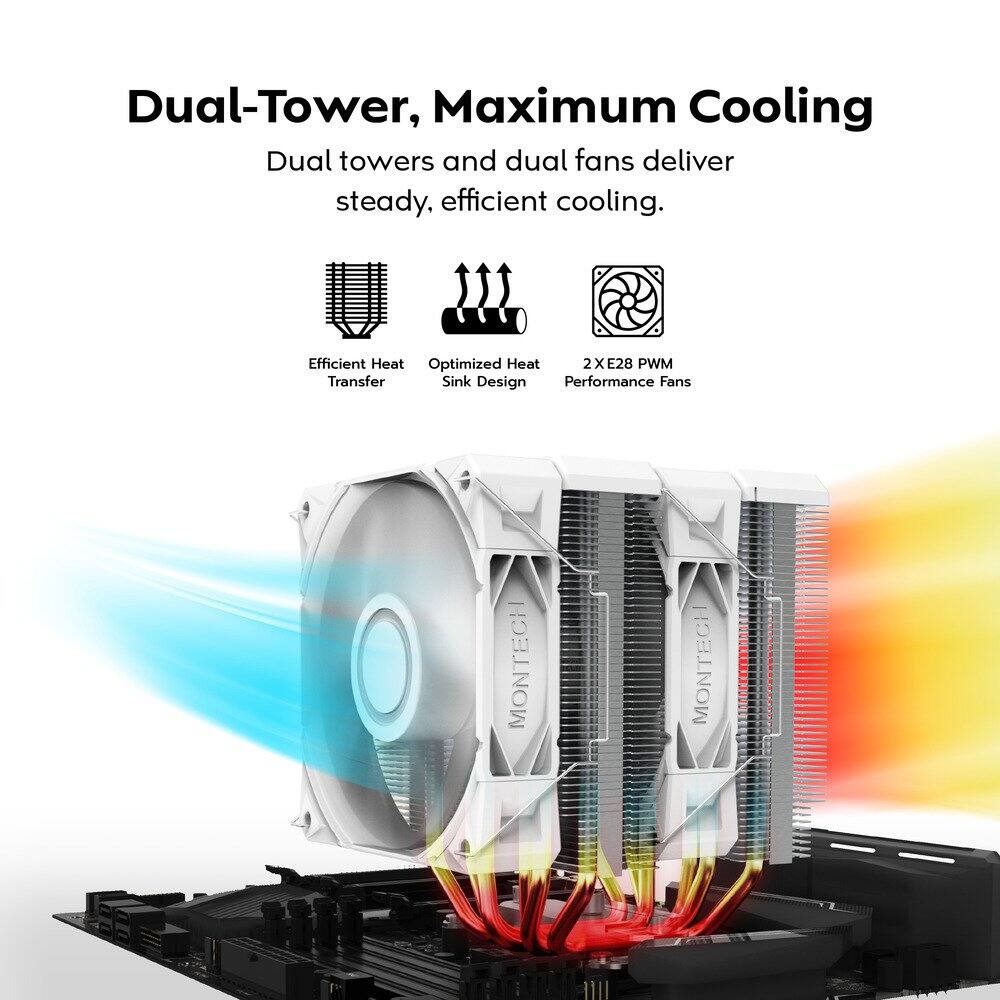 Dual-Tower, Maximum Cooling

Dual towers and dual fans deliver steady, efficient cooling.

- Efficient Heat Transfer
- Optimized Heat Sink Design
- 2 X E28 PWM Performance Fans