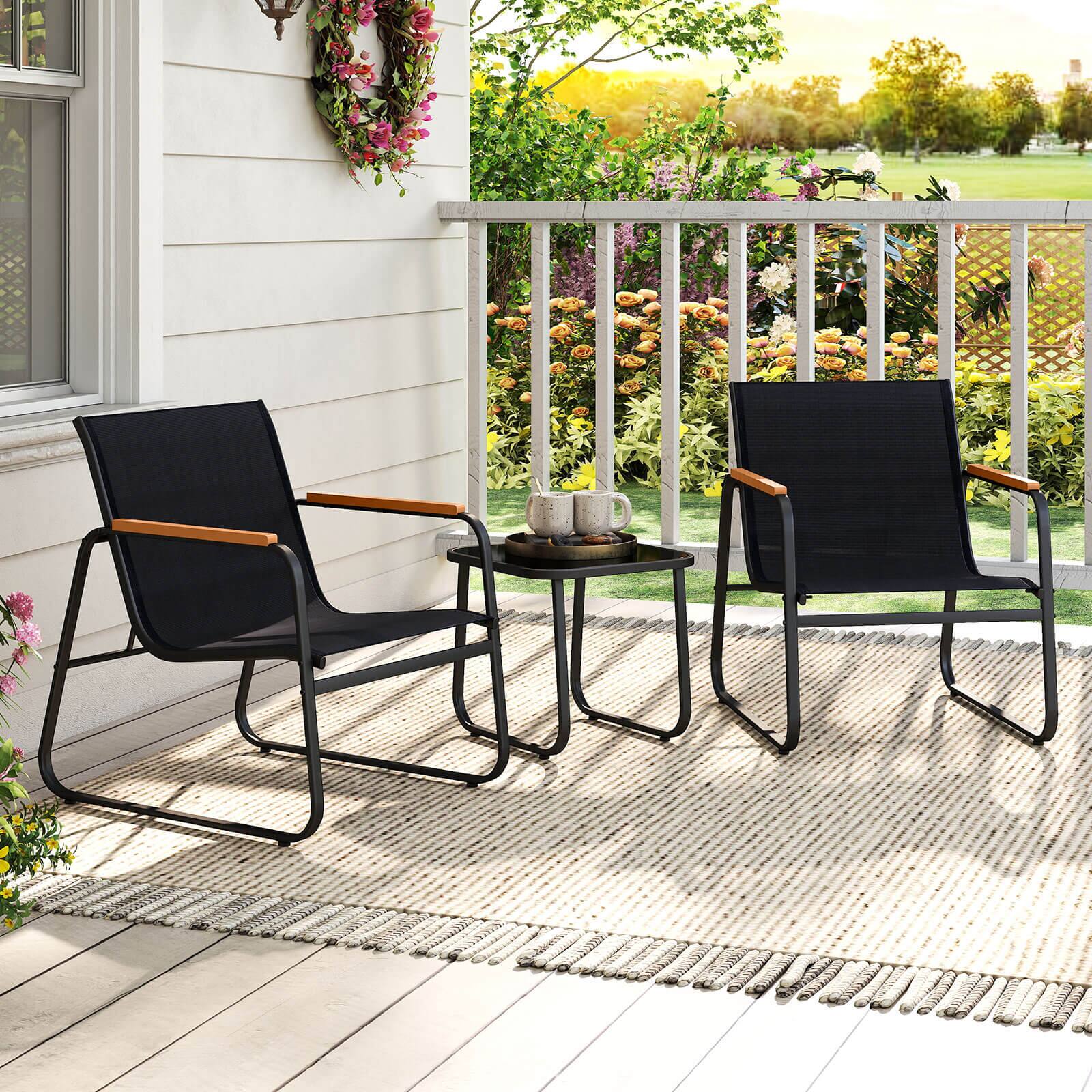 Alt View 1. Costway - Costway 3 PCS Patio Bistro Set with Cushions & Tempered Glass Coffee Table for Balcony, Lawn - Black.