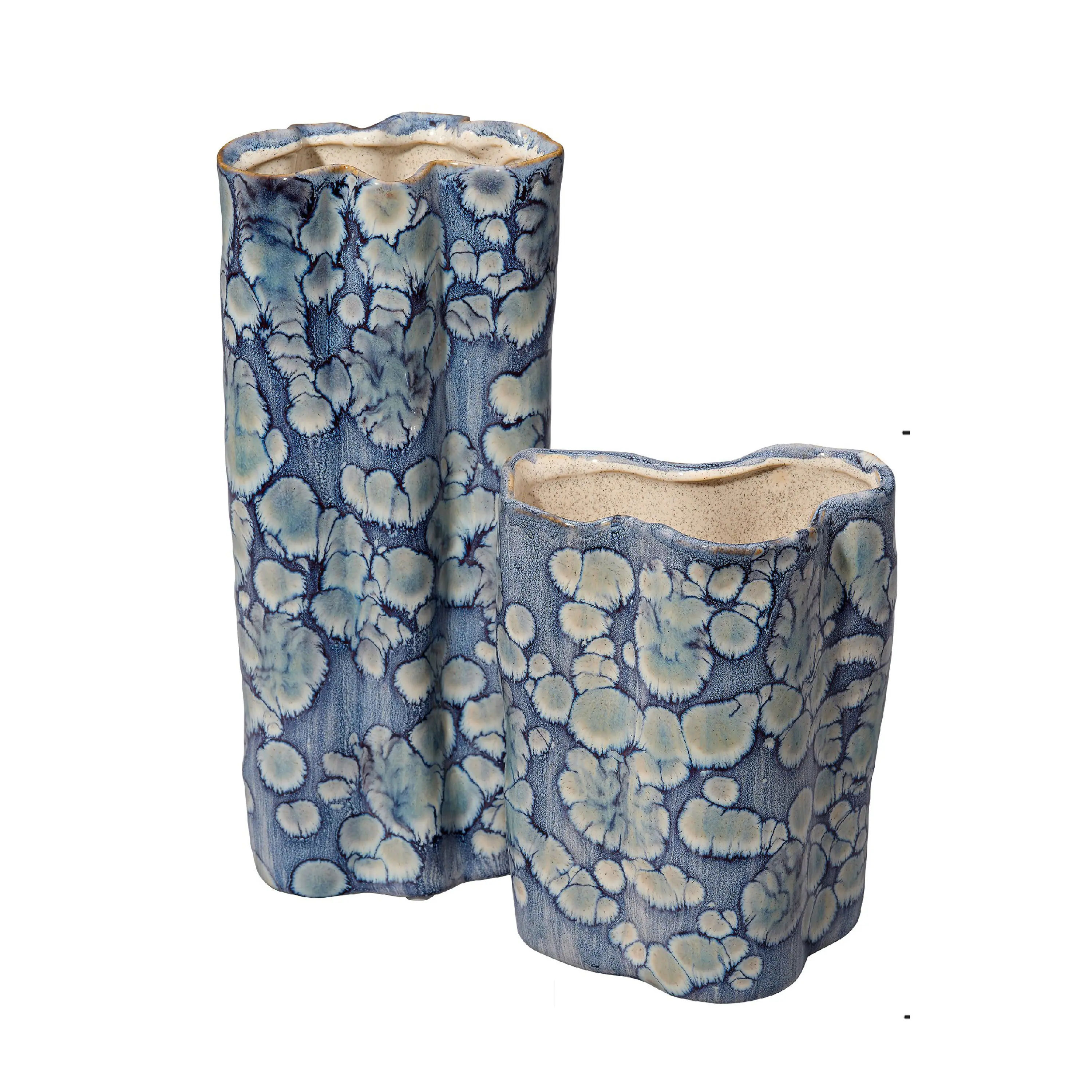 Front. Manhattan Lane - Gipo Decorative Flower Vase Set of 2, Ruffled Body,   Ceramic - Blue, White.