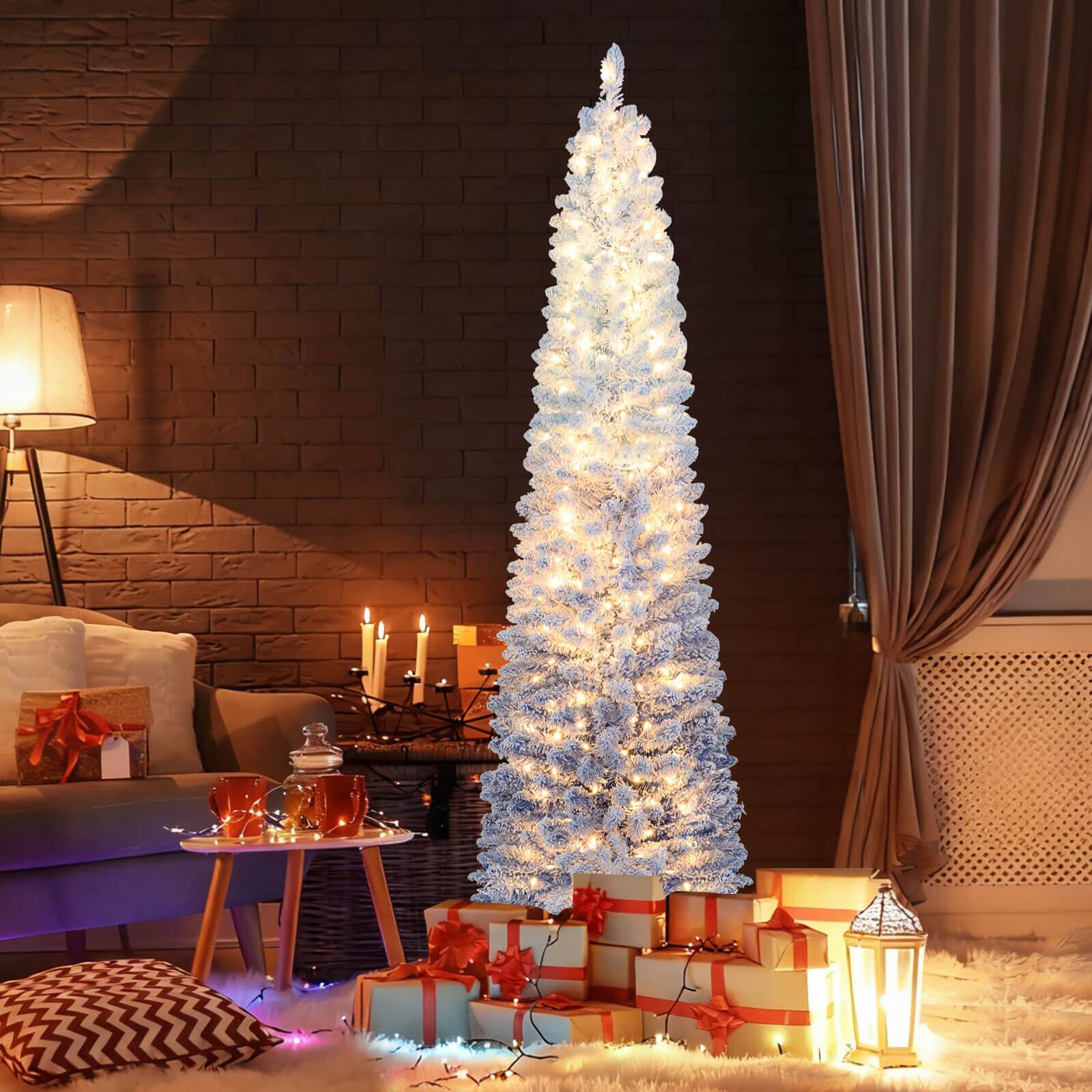 Alt View 4. Costway - Costway 6 FT Snow-flocked Artificial Christmas Tree with 220 Warm White LED Lights,8 Modes - Blue Gradient,White.