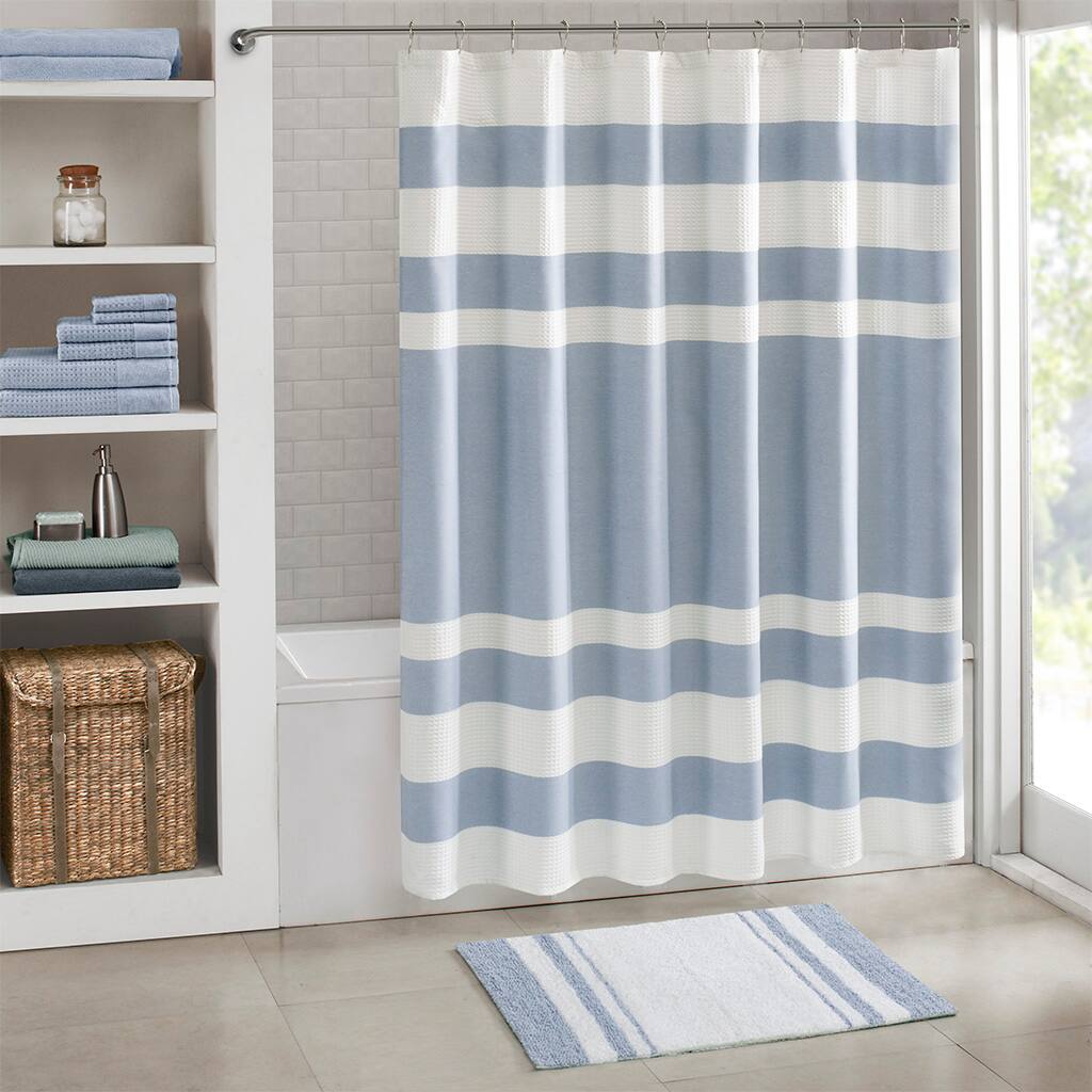 Angle. APRILSOUL - Reversible Cotton Bath Rug Casual Stripes Soft Plush Highly Absorbent - Blue.