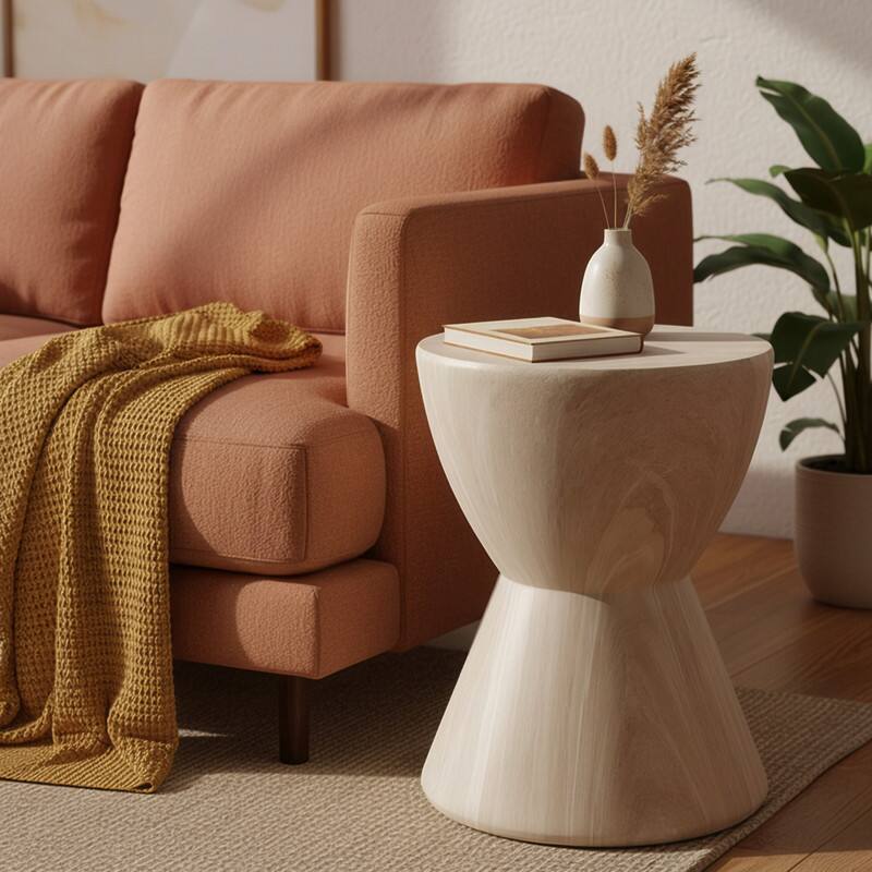 Left. LeisureMod - Loft Fiberstone Hourglass Side Table, Weather Resistant Indoor/Outdoor Pedestal Accent Table - Stone Marble.