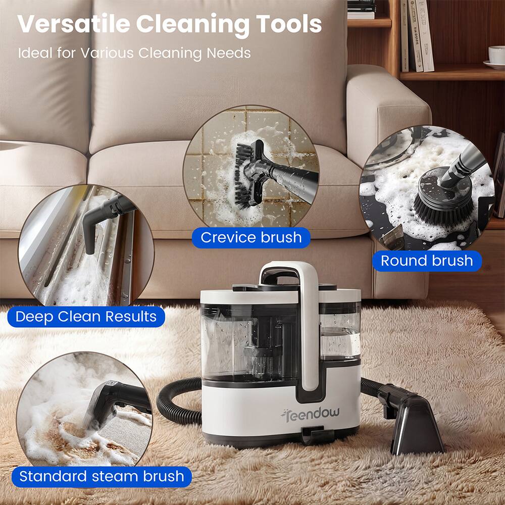 Versatile Cleaning Tools  
Ideal for Various Cleaning Needs

- Crevice brush
- Round brush
- Deep Clean Results
- Standard steam brush