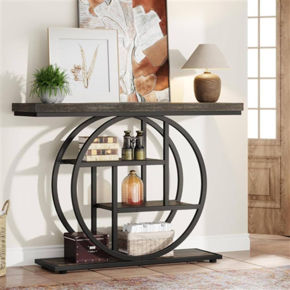 Angle. Hivvago - Modern 41-inch Circular Base Foyer Entryway Table with Black Wood Finish Shelves - Black.