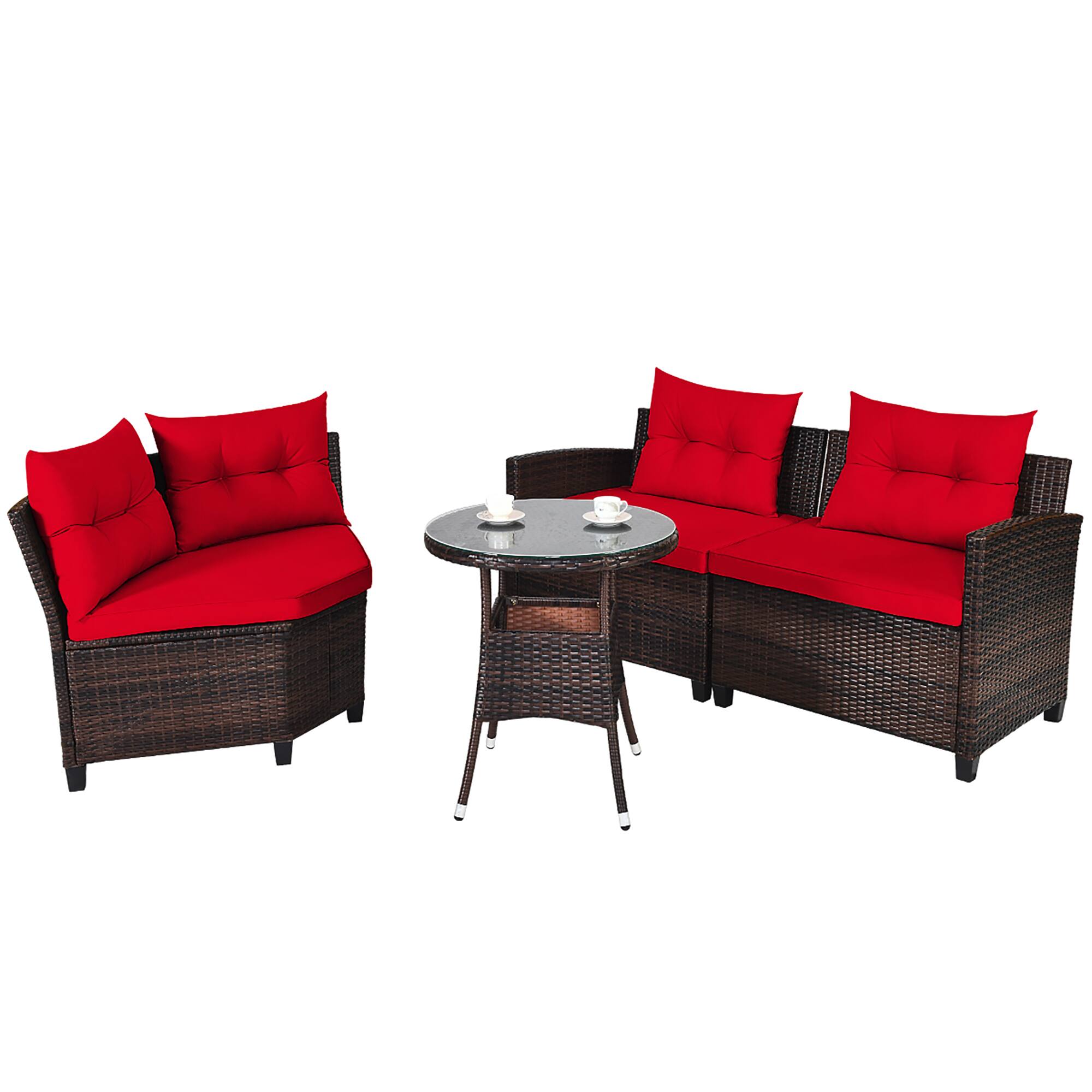 Left. Costway - 4PCS Outdoor Patio Rattan Furniture Set Cushioned Sofa Table - Dark Brown/Red.