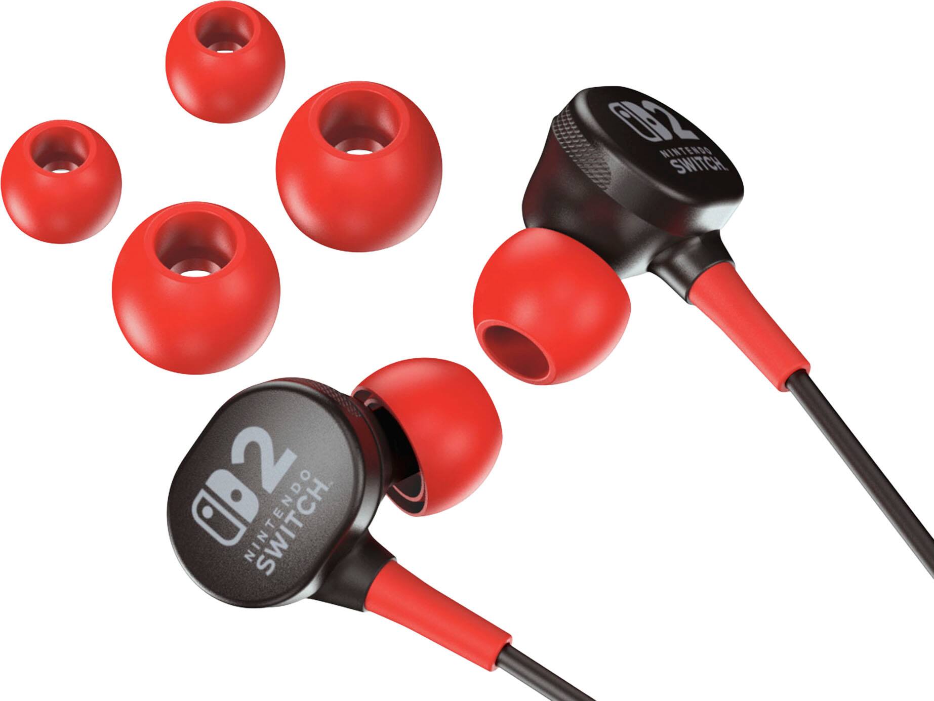 The image shows a pair of red and black Nintendo Switch earphones with a black case. The earphones are designed to be used with the Nintendo Switch gaming console. The earphones are connected to a black case, which is likely used for carrying and storing the earphones when not in use. The case is placed on a white background, making the earphones stand out prominently.