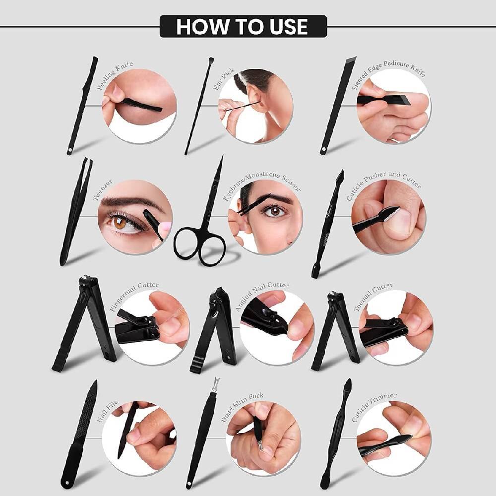 HOW TO USE

- Peeling Knife
- Ear Pick
- Sharpened Edge Pedicure Knife
- Tweezer
- Eyebrow/Moustache Scissor
- Cuticle Pusher and Cutter
- Fingernail Cutter
- Ankle Nail Cutter
- Toenail Cutter
- Nail File
- Dead Skin Fork
- Cuticle Trimmer