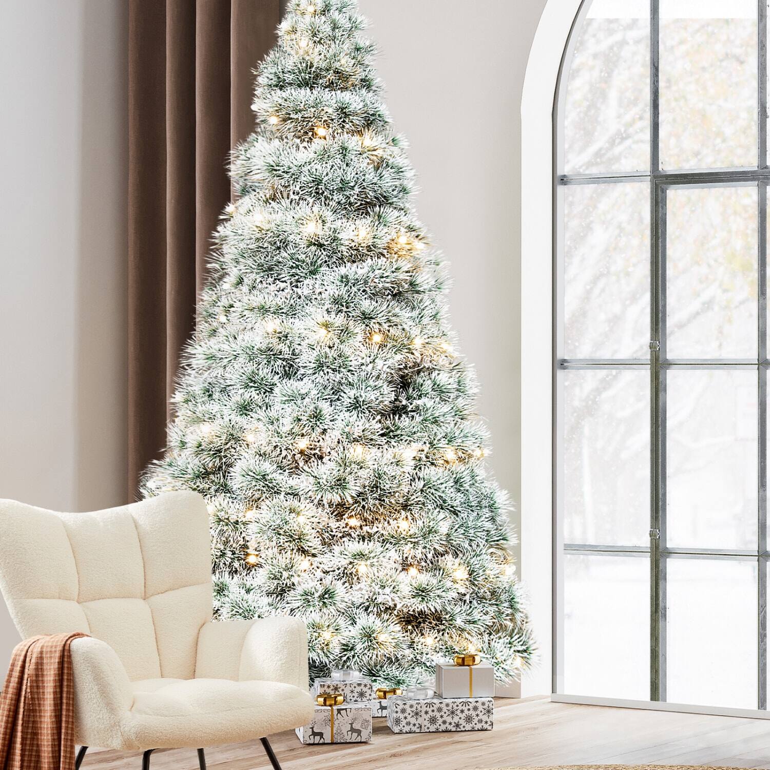 Left. Lirago - Pre Lit Artificial Christmas Tree White Hinged Spruce with 347 Tips 120 Lights 54"H x 32"D x32"W - White.