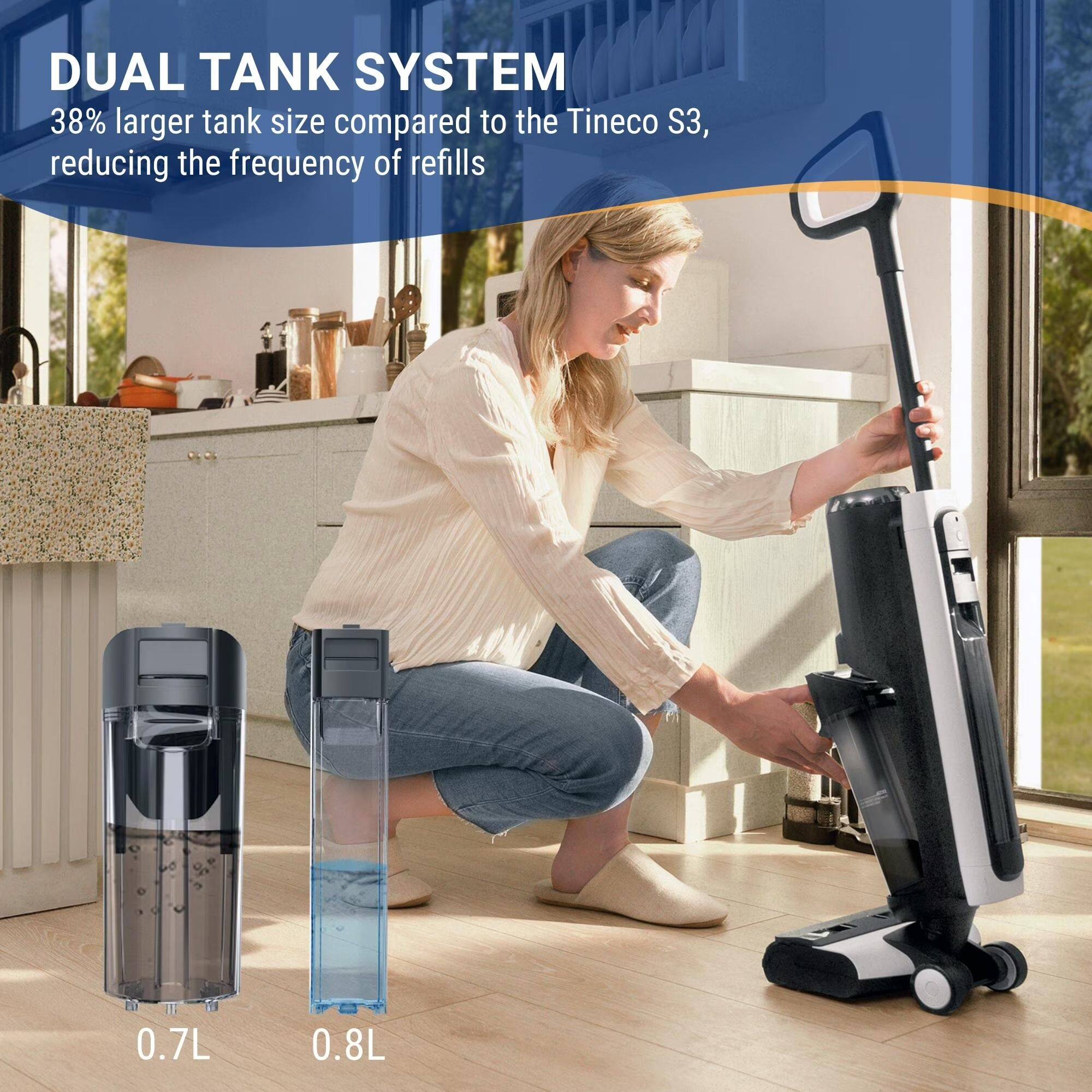 DUAL TANK SYSTEM  
38% larger tank size compared to the Tineco S3, reducing the frequency of refills  
0.7L  
0.8L