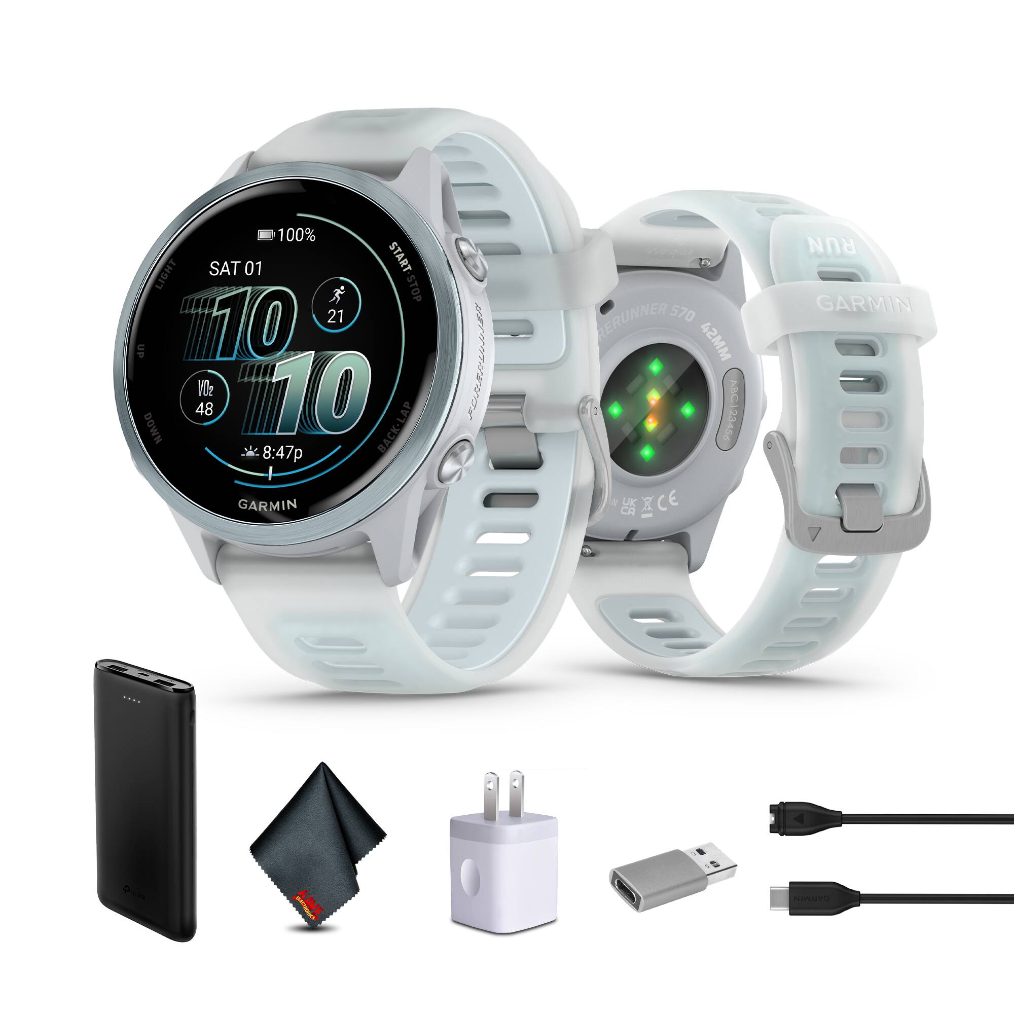 100% LIGHT  
SAT 01  
10 10  
21  
48  
8:47p  
GARMIN  
ERUNNER 570  
42MM  
ASC 23456  
CE  
RUN  
BACK-LAP  
DOWN  
START  
STOP  
dn  
10  
2  
110