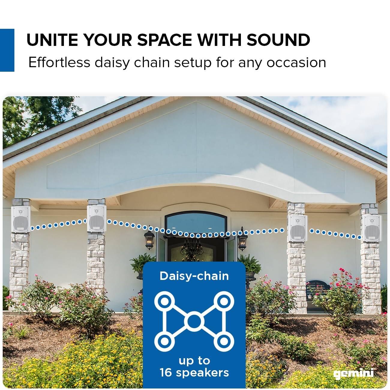 UNITE YOUR SPACE WITH SOUND  
Effortless daisy chain setup for any occasion  

Daisy-chain up to 16 speakers  

gemini