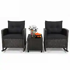 Front. Costway - Costway 3 PCS Patio Wicker Rocking Set with Tempered Glass Table & Soft Cushions Outdoor - Black + Black.
