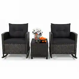 Costway - 3 PCS Patio Wicker Rocking Set with Tempered Glass Table & Soft Cushions Outdoor - Black + Black