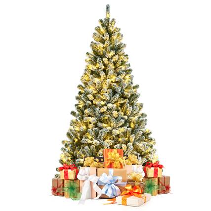 Front. Gymax - Gymax 7 FT Pre-lit Artificial Christmas Tree Snow Flocked Full Xmas Tree - Green.