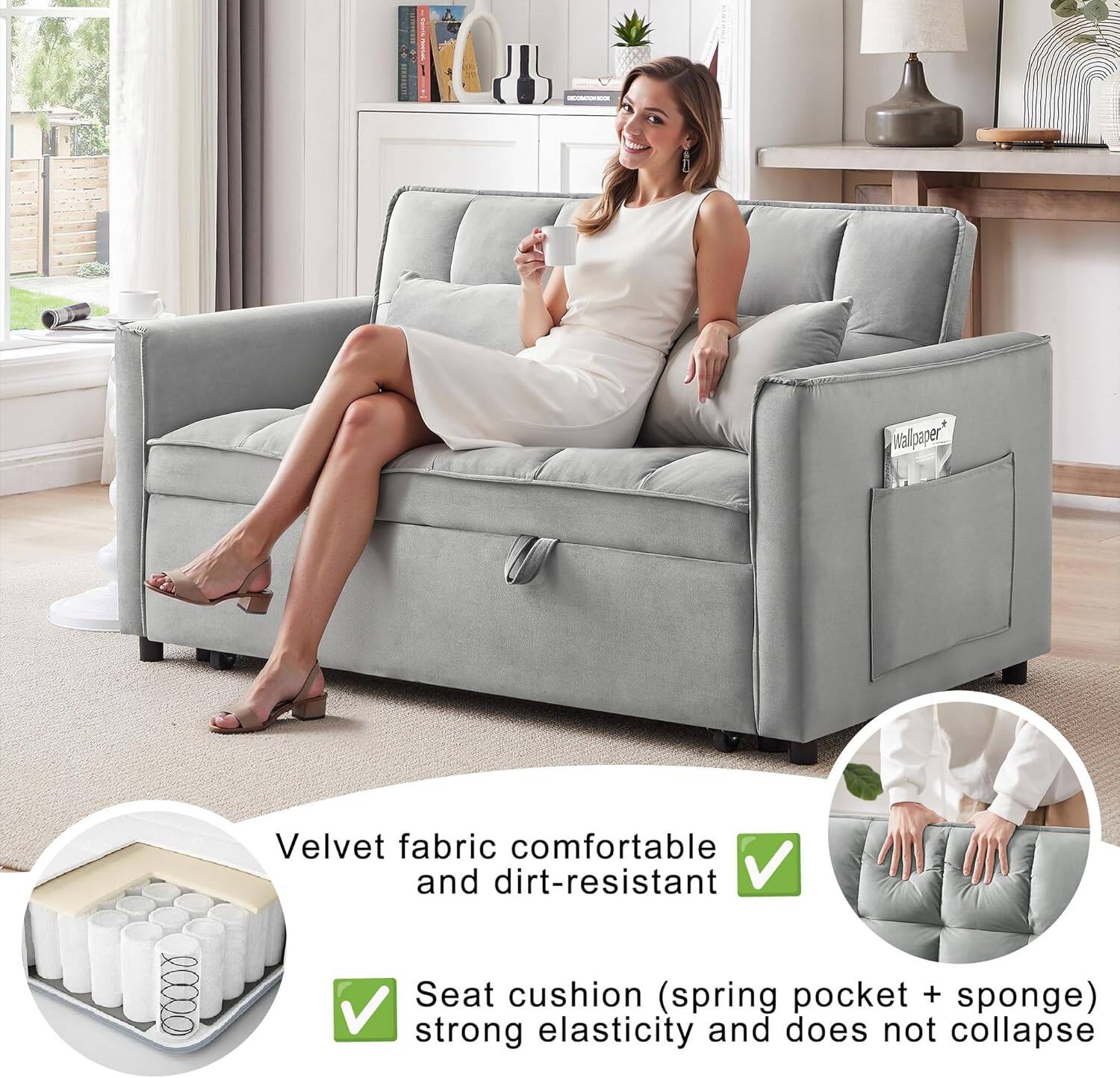 Velvet fabric comfortable and dirt-resistant
Seat cushion (spring pocket + sponge) strong elasticity and does not collapse