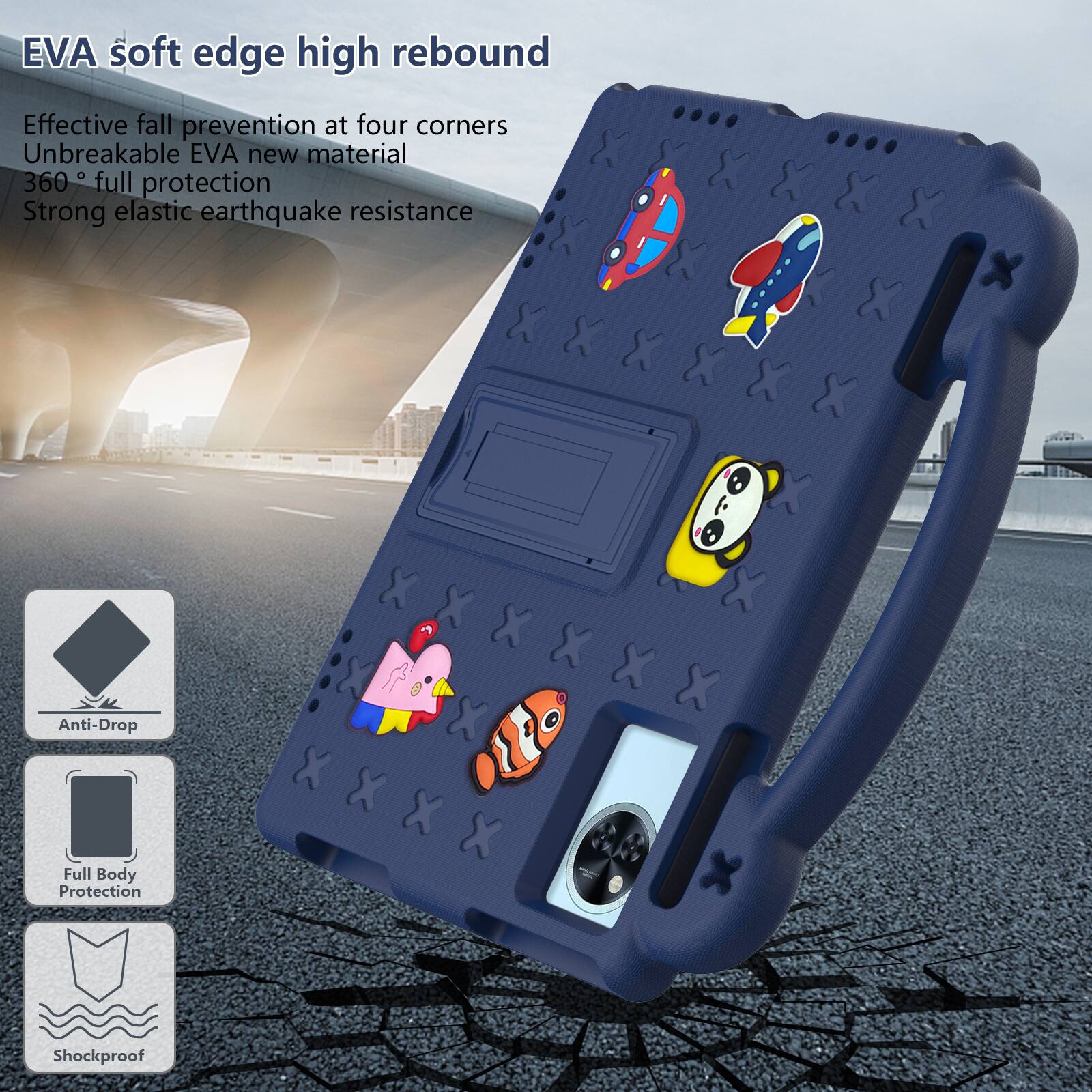 EVA soft edge high rebound  
Effective fall prevention at four corners  
Unbreakable EVA new material  
360° full protection  
Strong elastic earthquake resistance  

Anti-Drop  
Full Body Protection  
Shockproof