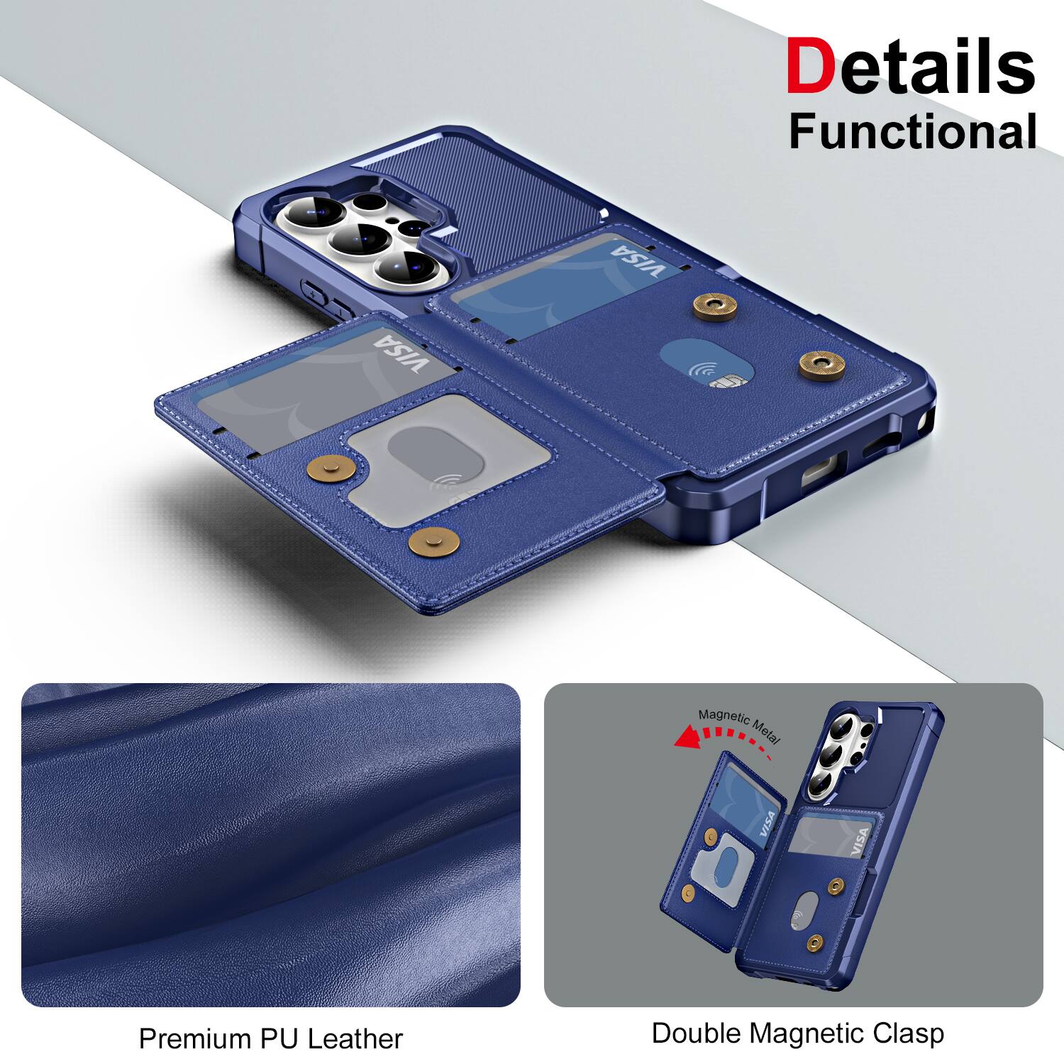 Details Functional

Premium PU Leather

Double Magnetic Clasp

Magnetic Metal