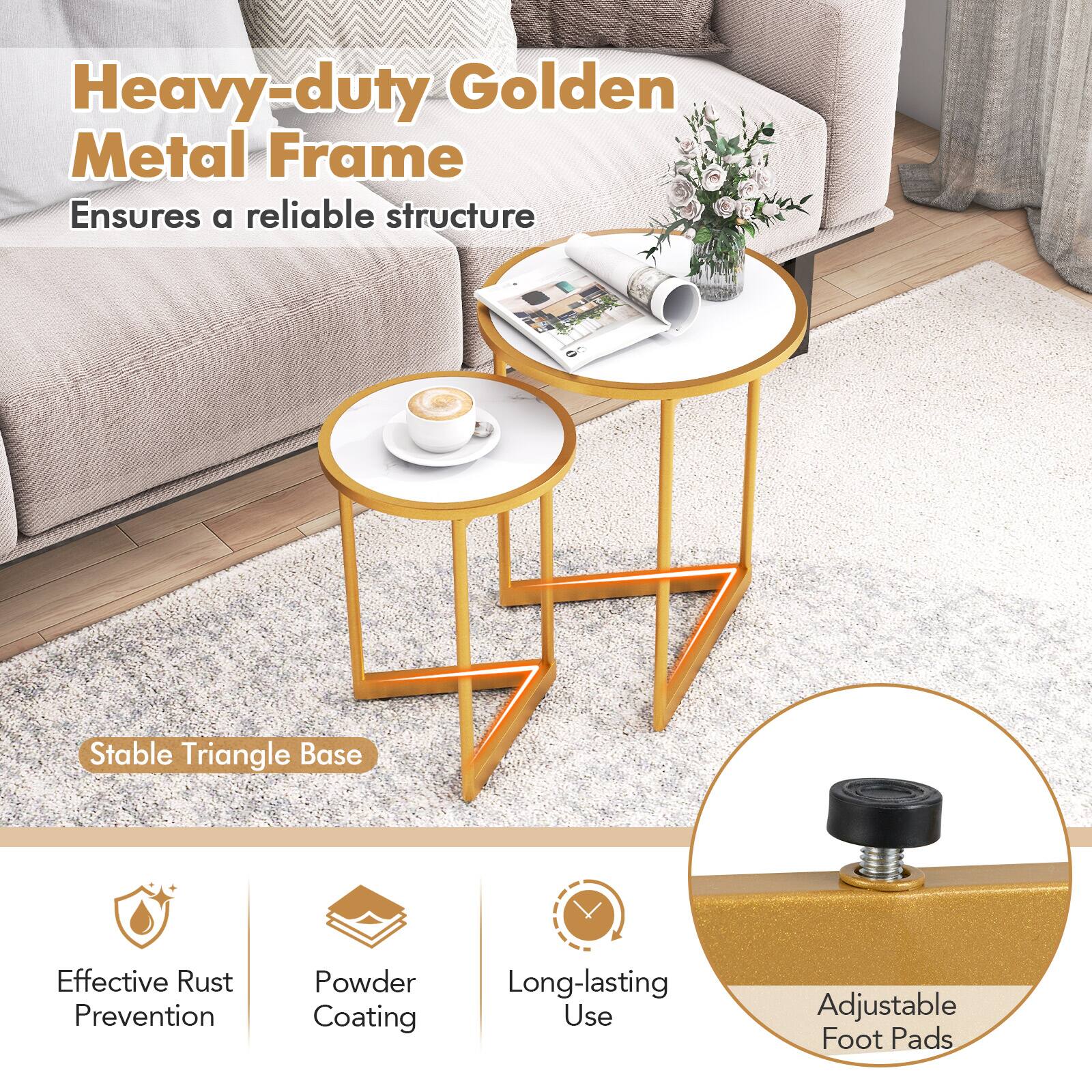 Heavy-duty Golden Metal Frame  
Ensures a reliable structure  

Stable Triangle Base  

Effective Rust Prevention  
Powder Coating  
Long-lasting Use  
Adjustable Foot Pads