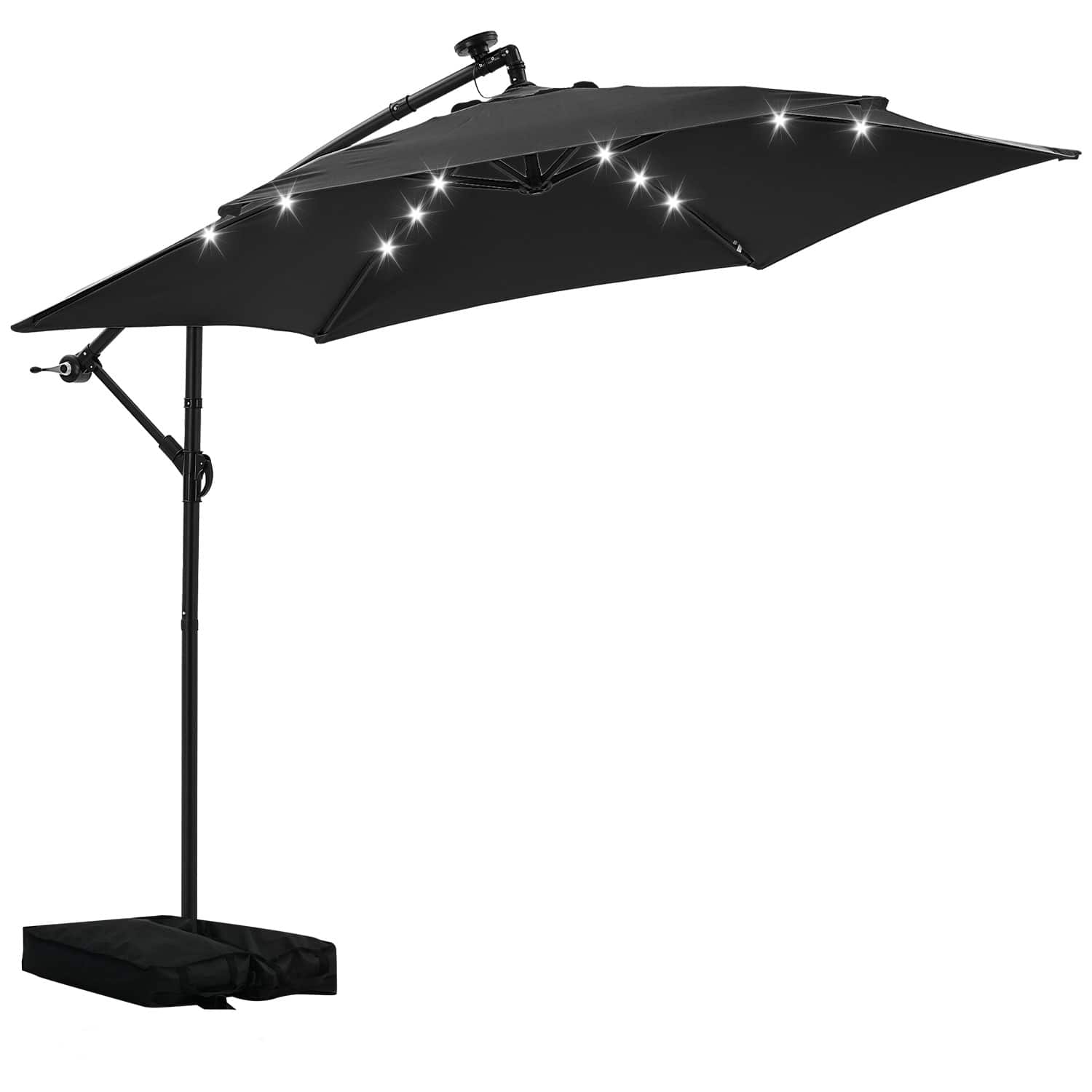 Ainfox - 10FT Solar LED Outdoor Patio Yard Offset Umbrella with Cross Base for Market,Garden,Deck,Backyard,Pool,with light - Black
