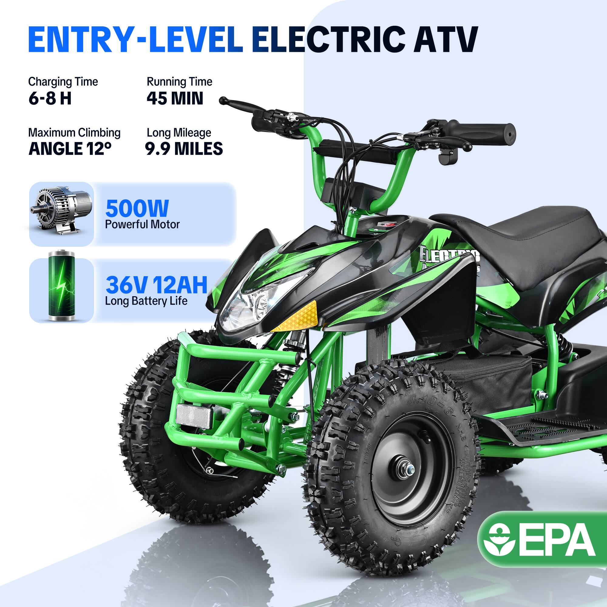 ENTRY-LEVEL ELECTRIC ATV

- Charging Time: 6-8 H
- Running Time: 45 MIN
- Maximum Climbing ANGLE: 12°
- Long Mileage: 9.9 MILES
- 500W Powerful Motor
- 36V 12AH Long Battery Life

ELENTRIO

EPA