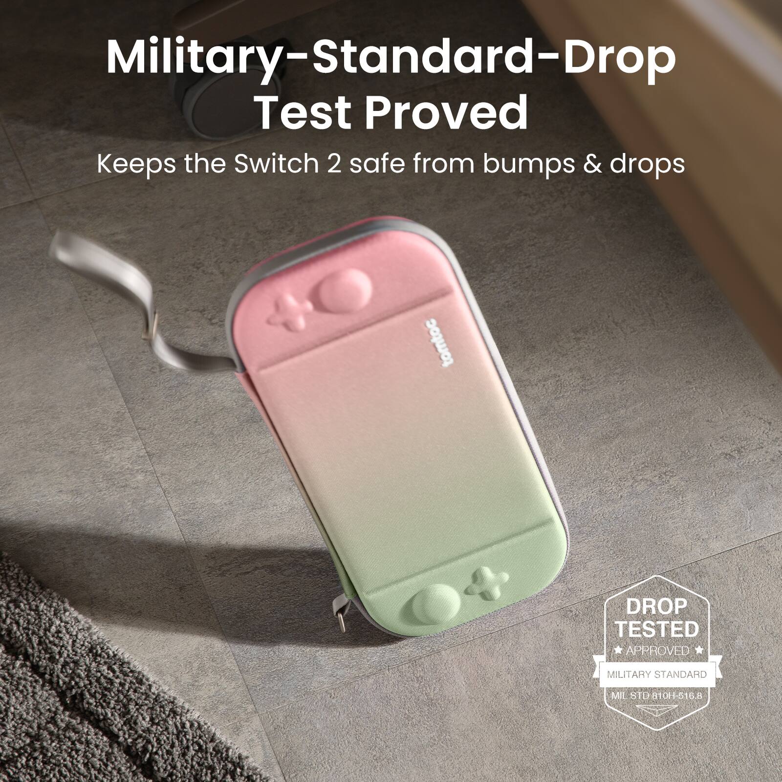 Military-Standard-Drop Test Proved, Keeps the Switch 2 safe from bumps & drops, tomtoc, DROP TESTED APPROVED MILITARY STANDARD MIL 8TD-810H-516.8