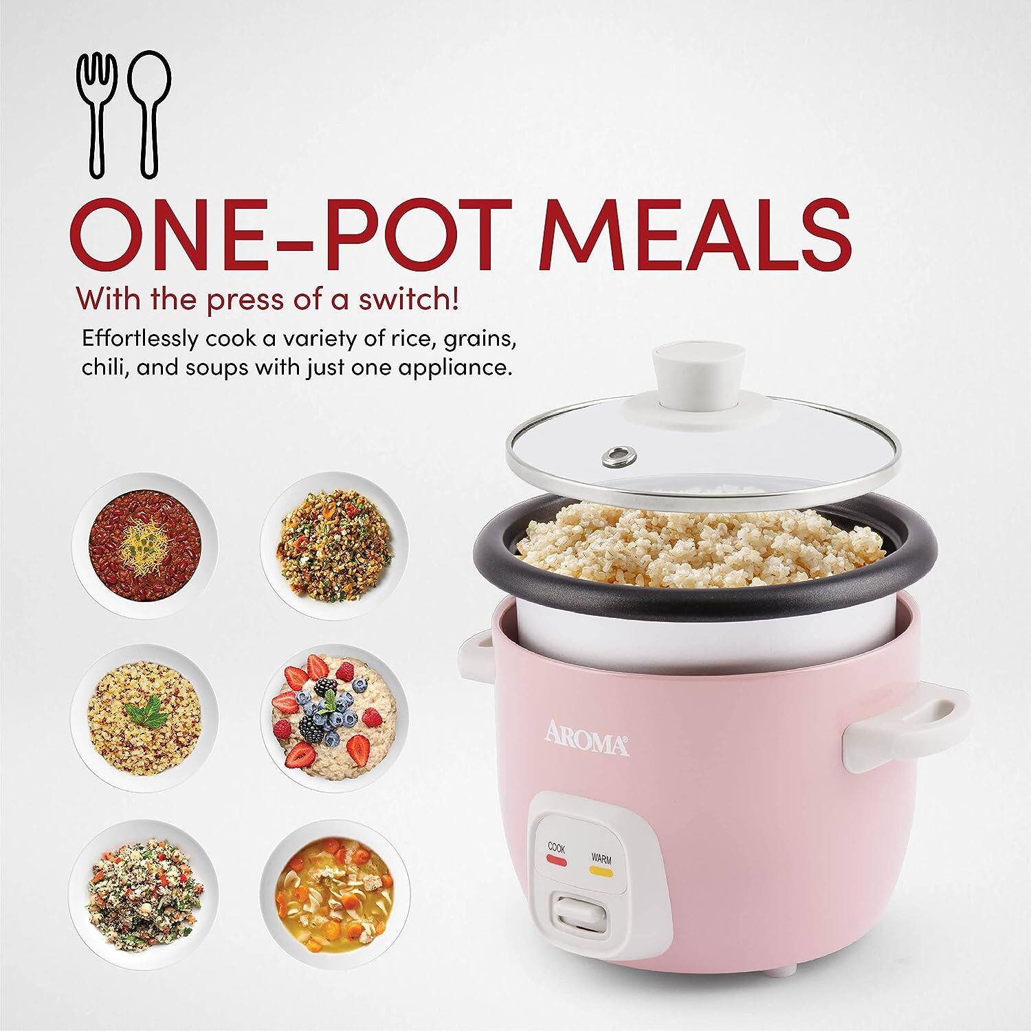 ONE-POT MEALS  
With the press of a switch!  
Effortlessly cook a variety of rice, grains, chili, and soups with just one appliance.  

AROMA COOK WARM