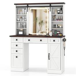 Pefilos - Farmhouse Style Vanity Desk, Sliding Barn Mirror, 3 Light Modes, 1 Cabinet & 6 Drawers & 9 Shelves, Charging Port - White
