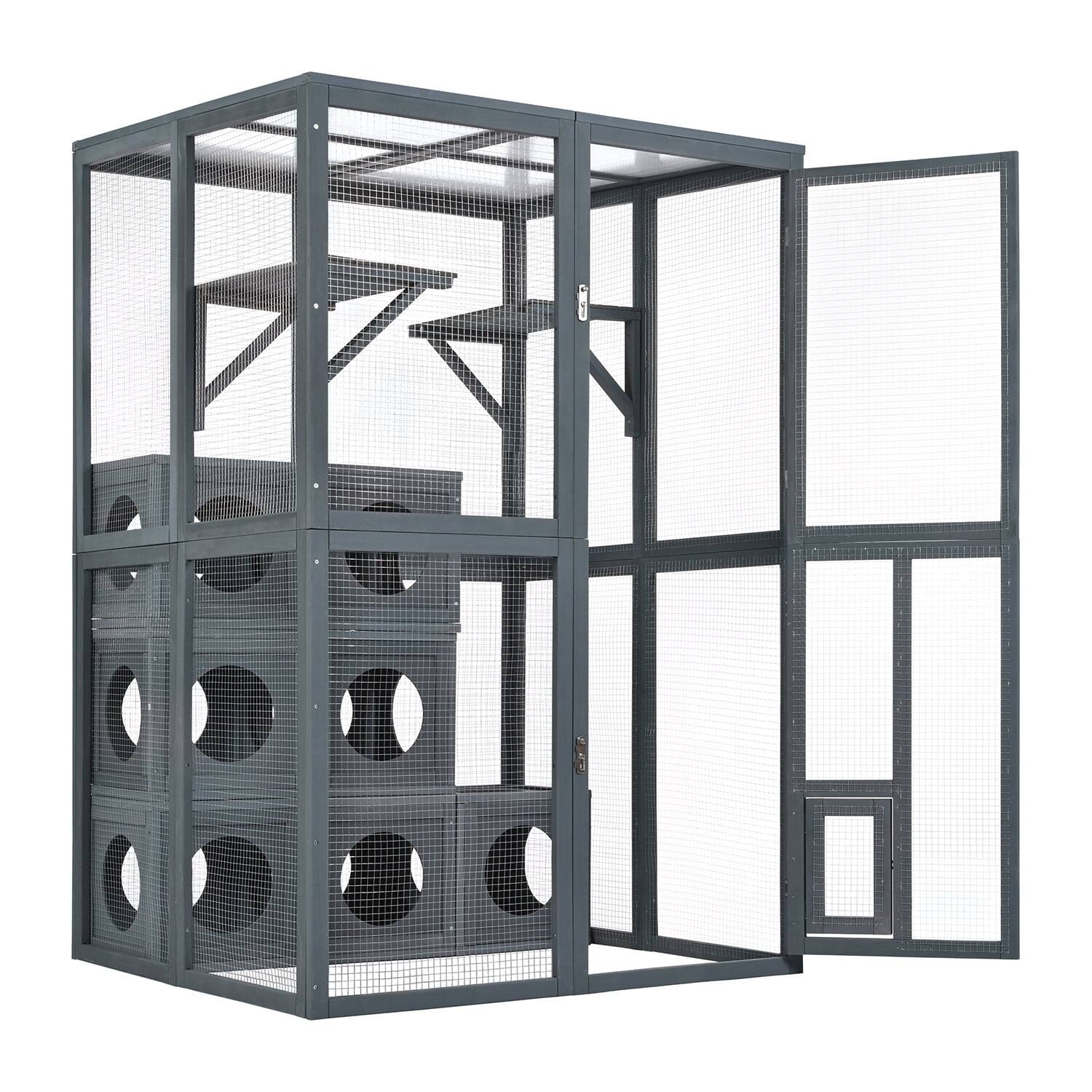 Alt View 7. Pefilos - 43" Weatherproof Pine Wood Cat Enclosure with Double Doors & Shelves, Outdoor Cat Playhouse with 7 Combination Boxes.