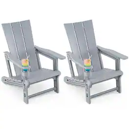 Gymax - Adirondack Chairs Set of 2 w/ Cup Holder Wood Texture for Garden Backyard - Gray