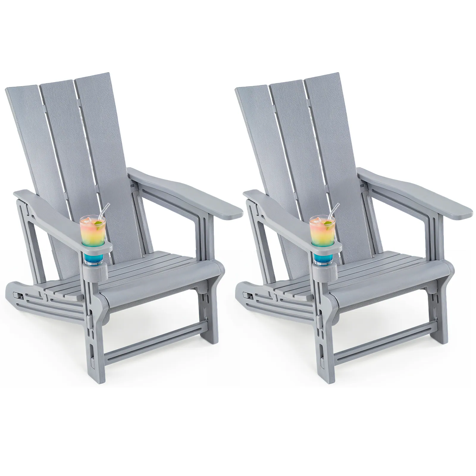 Front. Gymax - Gymax Adirondack Chairs Set of 2 w/ Cup Holder Wood Texture for Garden Backyard - Gray.