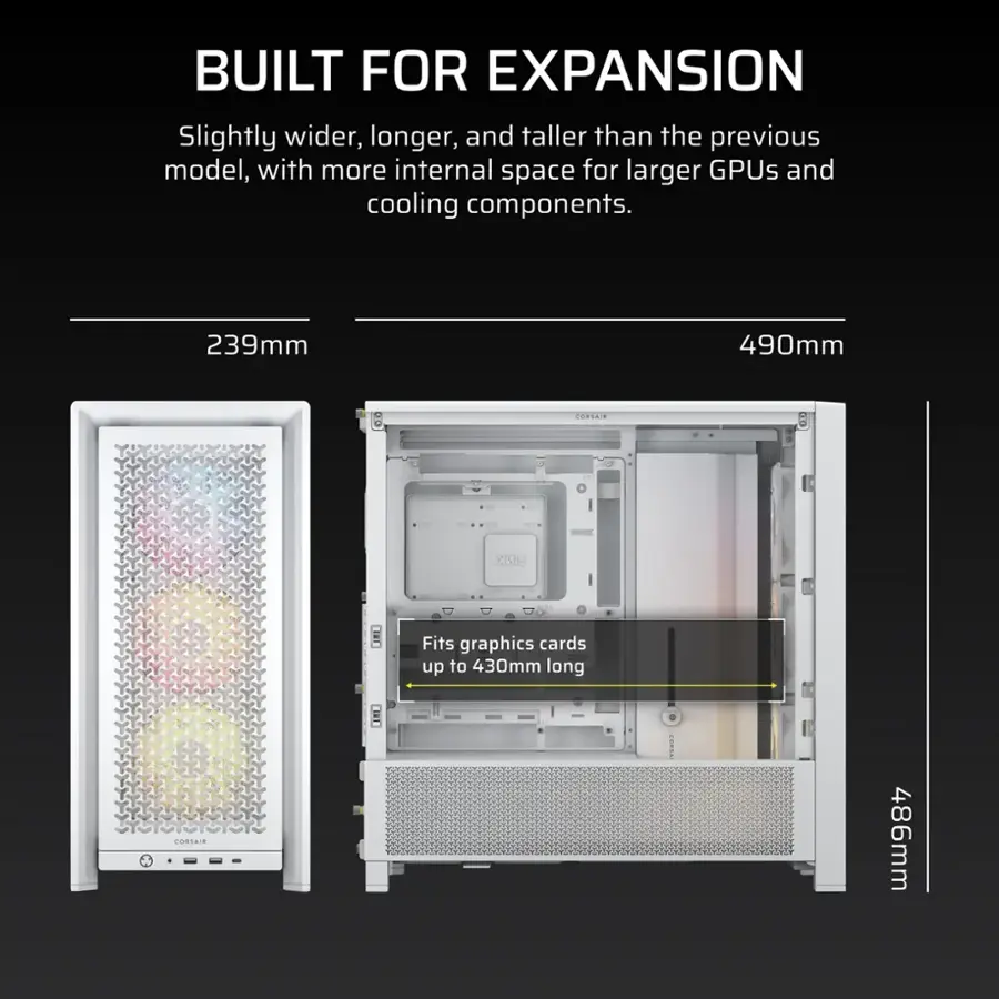 Built for Expansion: Slightly wider, longer, and taller than the previous model, with more internal space for larger GPUs and cooling components. 239mm 490mm 20mm - LNK Fits graphics cards up to 430mm long.