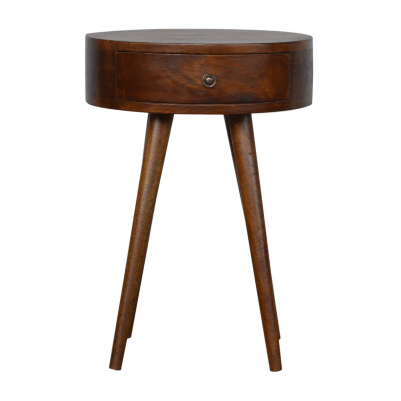 Front. Artisan Furniture - Artisan Furniture Solid Wood Nordic Chestnut Circular Nightstand, 1 Drawer, Nordic legs, Dark Brown - Chestnut.