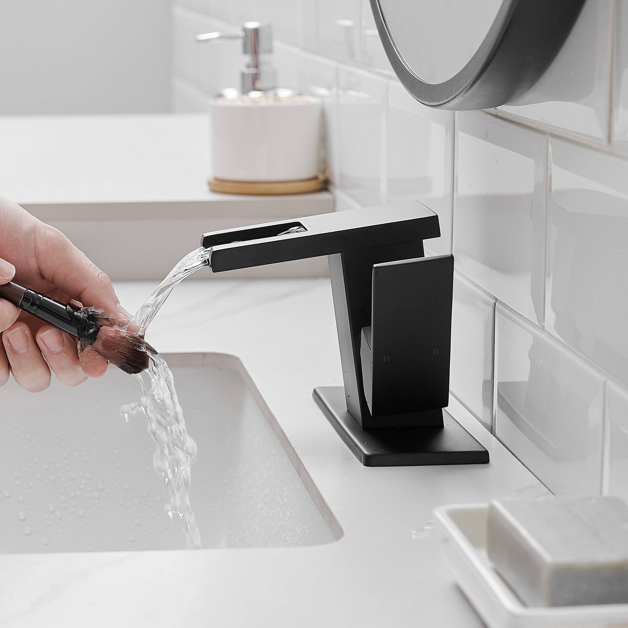 Alt View 8. Boyel Living - Single Handle Single Hole Bathroom Faucet Matte Black with Deck Plate LED Temperature Sensor Waterfall Spout - Matte Black.