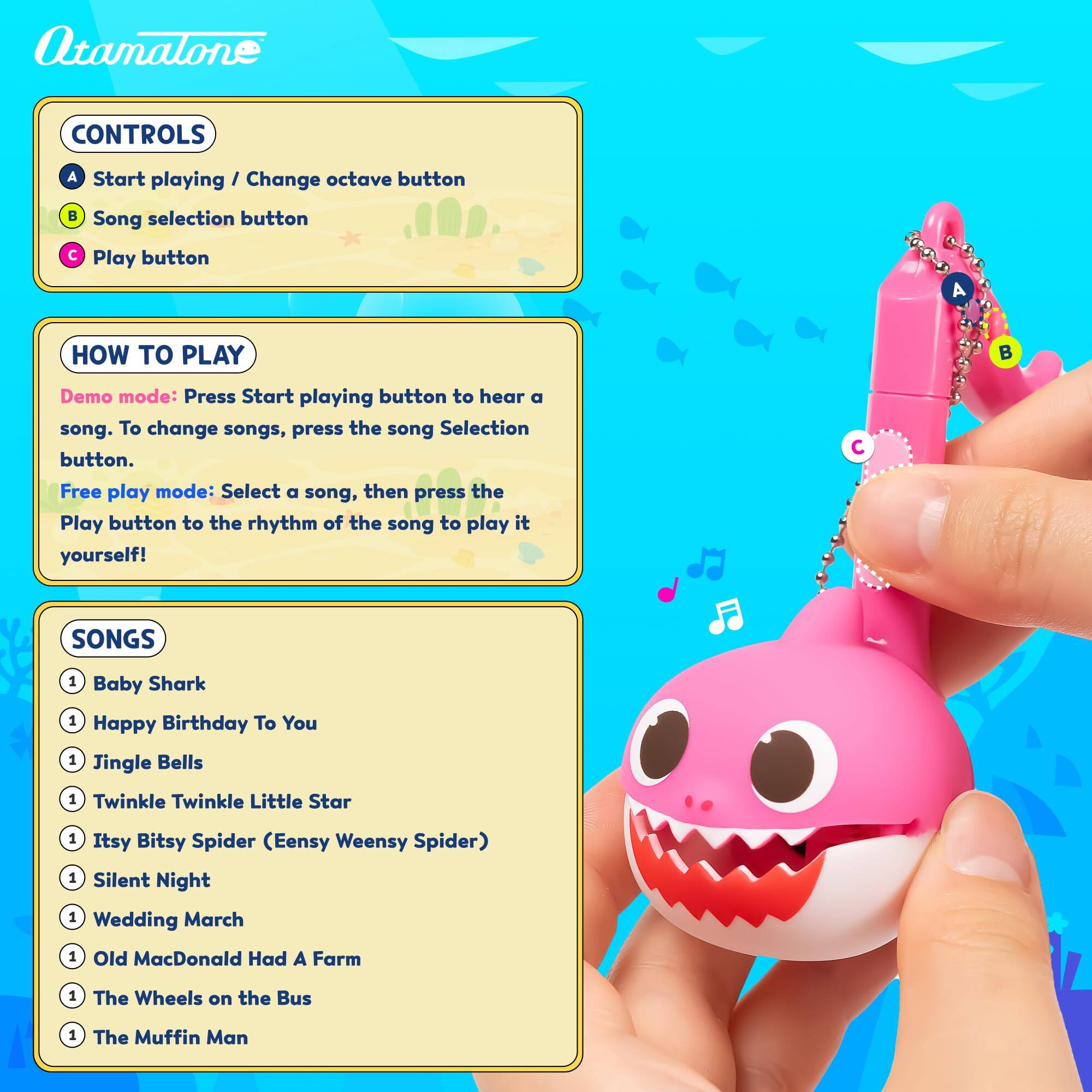 **Otamalone**

**CONTROLS**
- A: Start playing / Change octave button
- B: Song selection button
- C: Play button

**HOW TO PLAY**
- Demo mode: Press Start playing button to hear a song. To change songs, press the song Selection button.
- Free play mode: Select a song, then press the Play button to the rhythm of the song to play it yourself!

**SONGS**
1. Baby Shark
1. Happy Birthday To You
1. Jingle Bells
1. Twinkle Twinkle Little Star
1. Itsy Bitsy Spider (Eensy Weensy Spider)
1. Silent Night
1. Wedding March
1. Old MacDonald Had A Farm
1. The Wheels on the Bus
1. The Muffin Man
