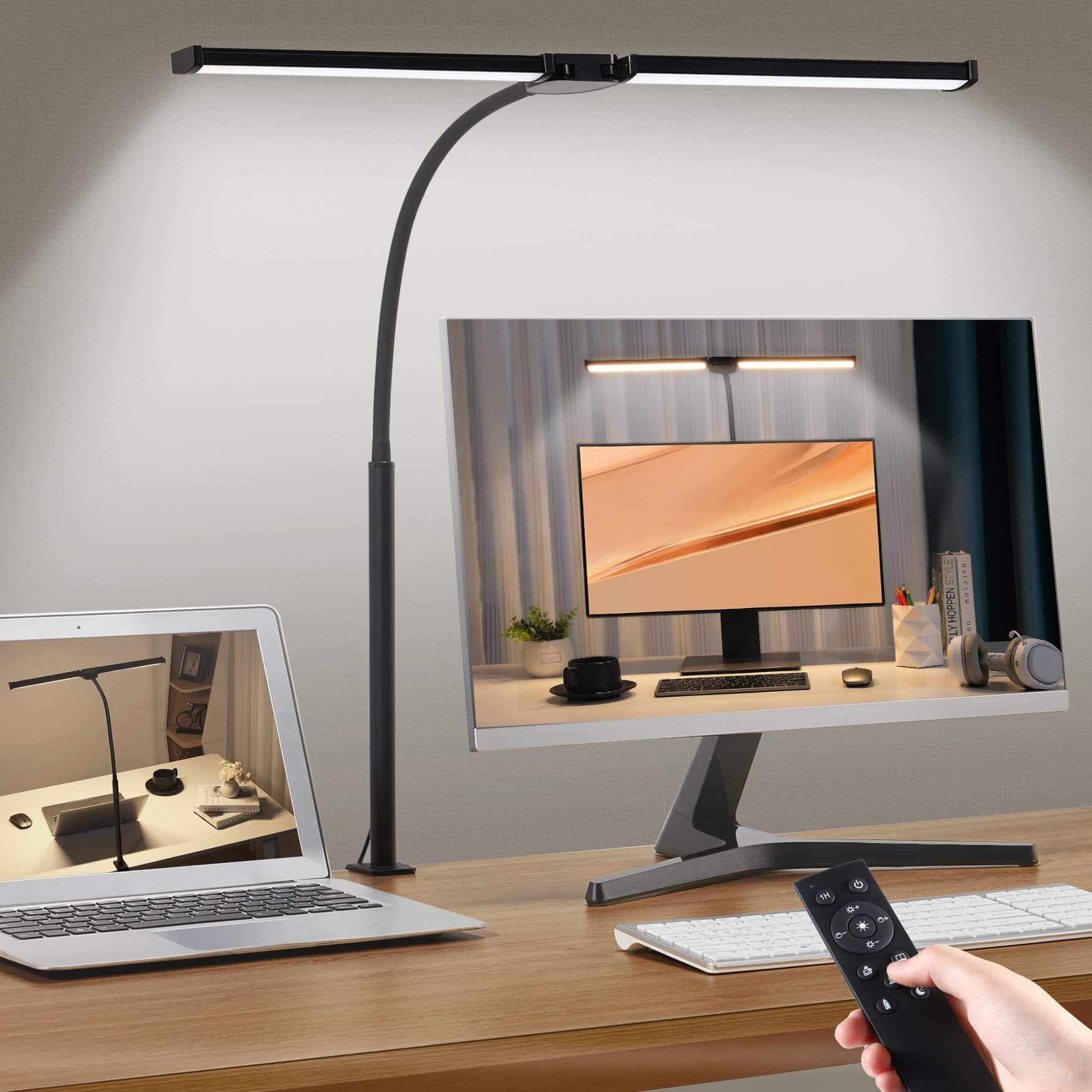 Dazzed Corner - Led Desk Lamp, Smart Double Head Computer Monitor Table Clip Lamp - Black
