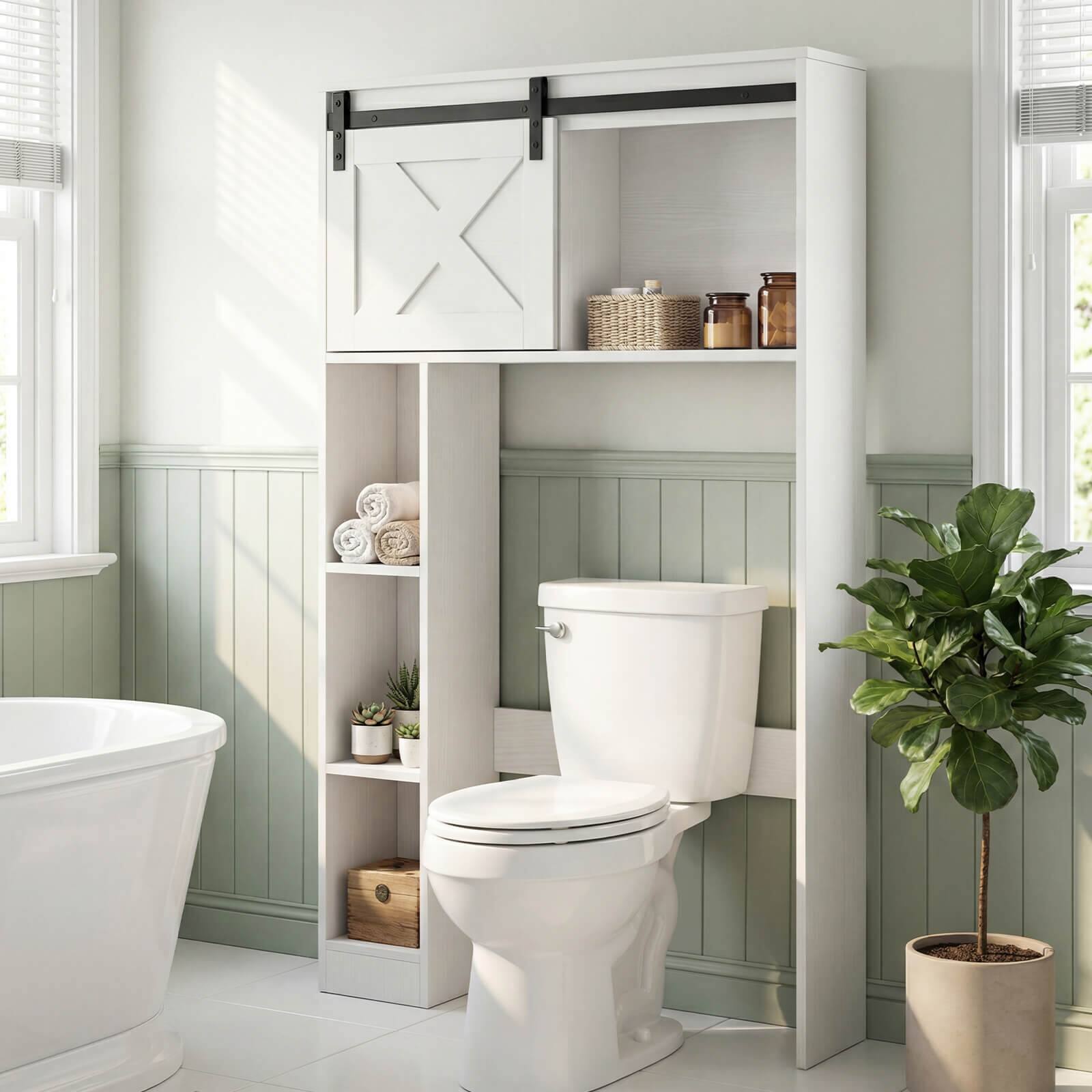 Alt View 1. Costway - Costway Over the Toilet Bathroom Storage Cabinet with Sliding Barn Door & Shelves White - White.