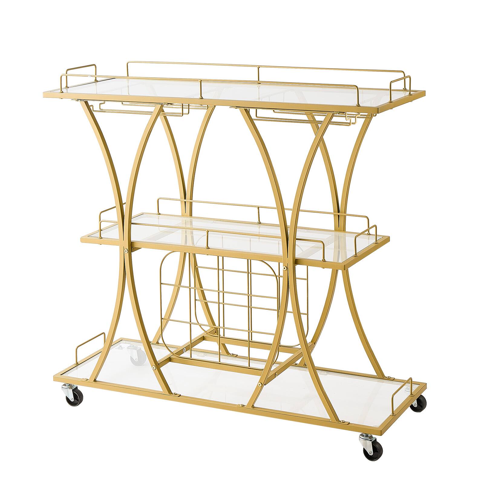 Alt View 5. VEVOR - Bar Cart, 3 Tiers Home Kitchen Serving Carts, Modern Rolling Utility Station on Wheels, Drink Beverage Trolley - Gold.