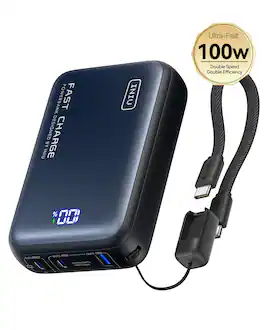 INIU - 100W 25000mAh Power Bank, Ultra Compact Fast Charging Portable Charger, with USB-C Cable, for Laptops, Tablets, Phones - Black