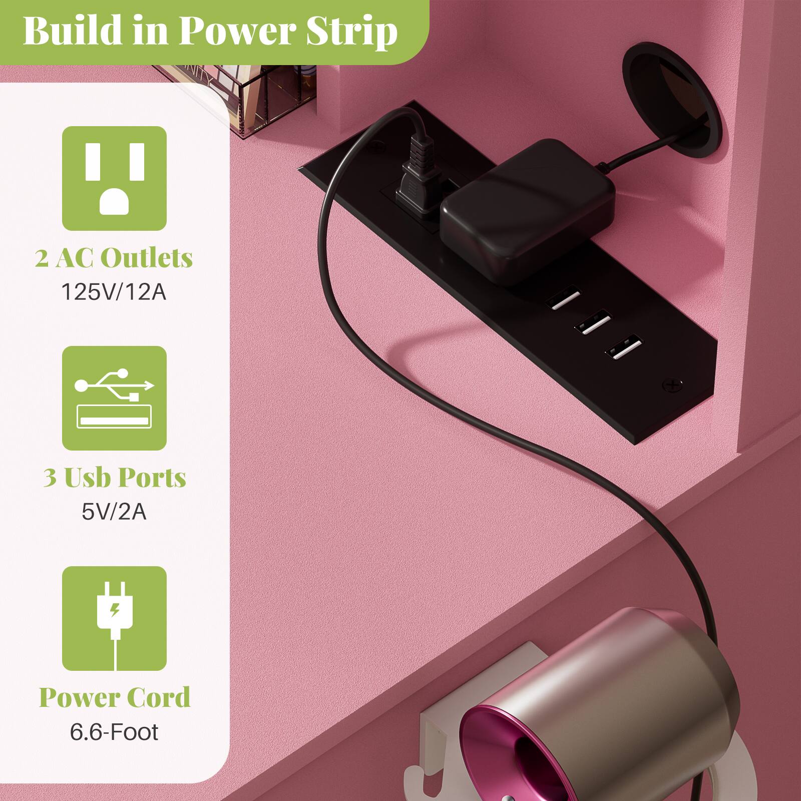 Build in Power Strip

- 2 AC Outlets
  - 125V/12A

- 3 USB Ports
  - 5V/2A

- Power Cord
  - 6.6-Foot