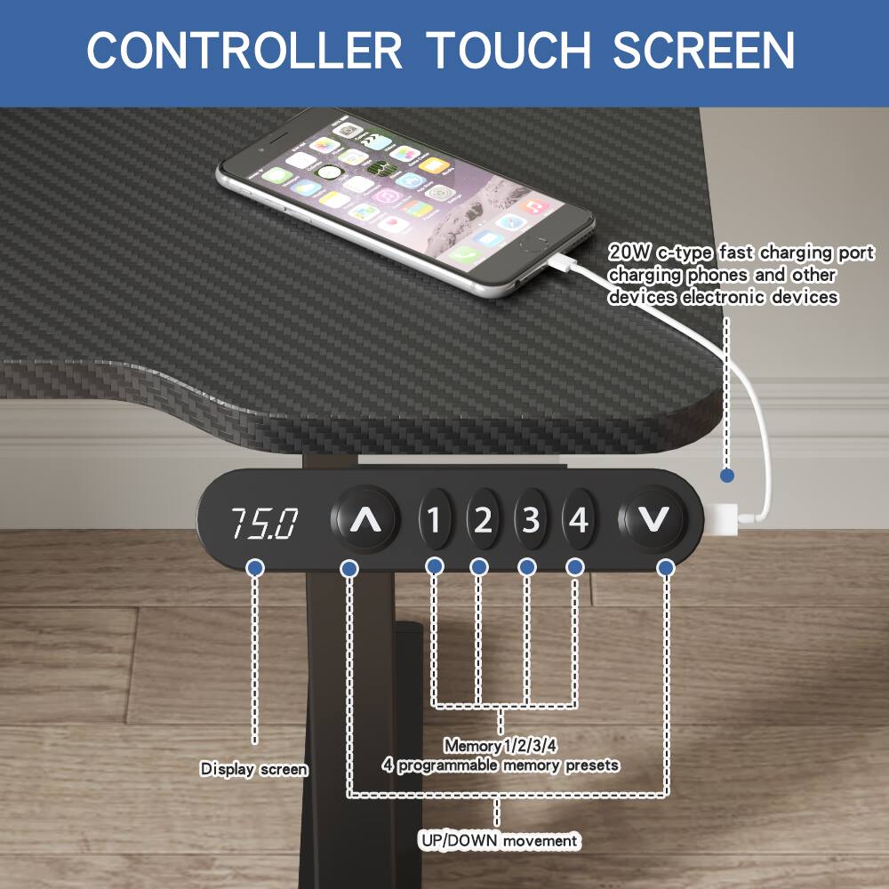 CONTROLLER TOUCH SCREEN

20W c-type fast charging port charging phones and other devices electronic devices

Display screen

Memory 1/2/3/4 4 programmable memory presets

UP/DOWN movement