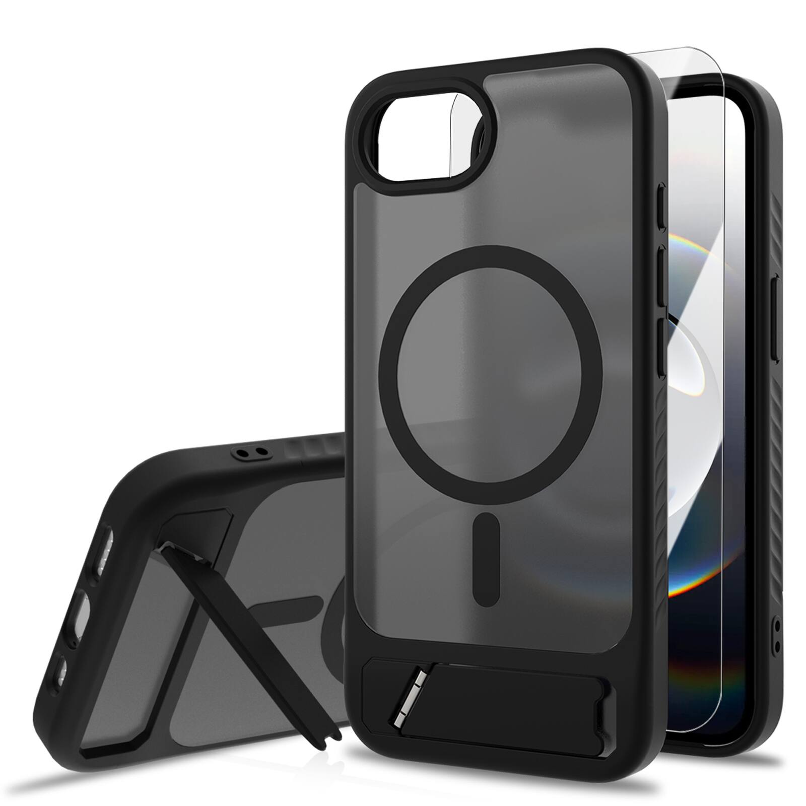 Front. Dteck - for Apple iPhone 17e / 16e Translucent Matte Case,Shockproof Stand Slim Mag Safe Cover with Glass Screen - Black.