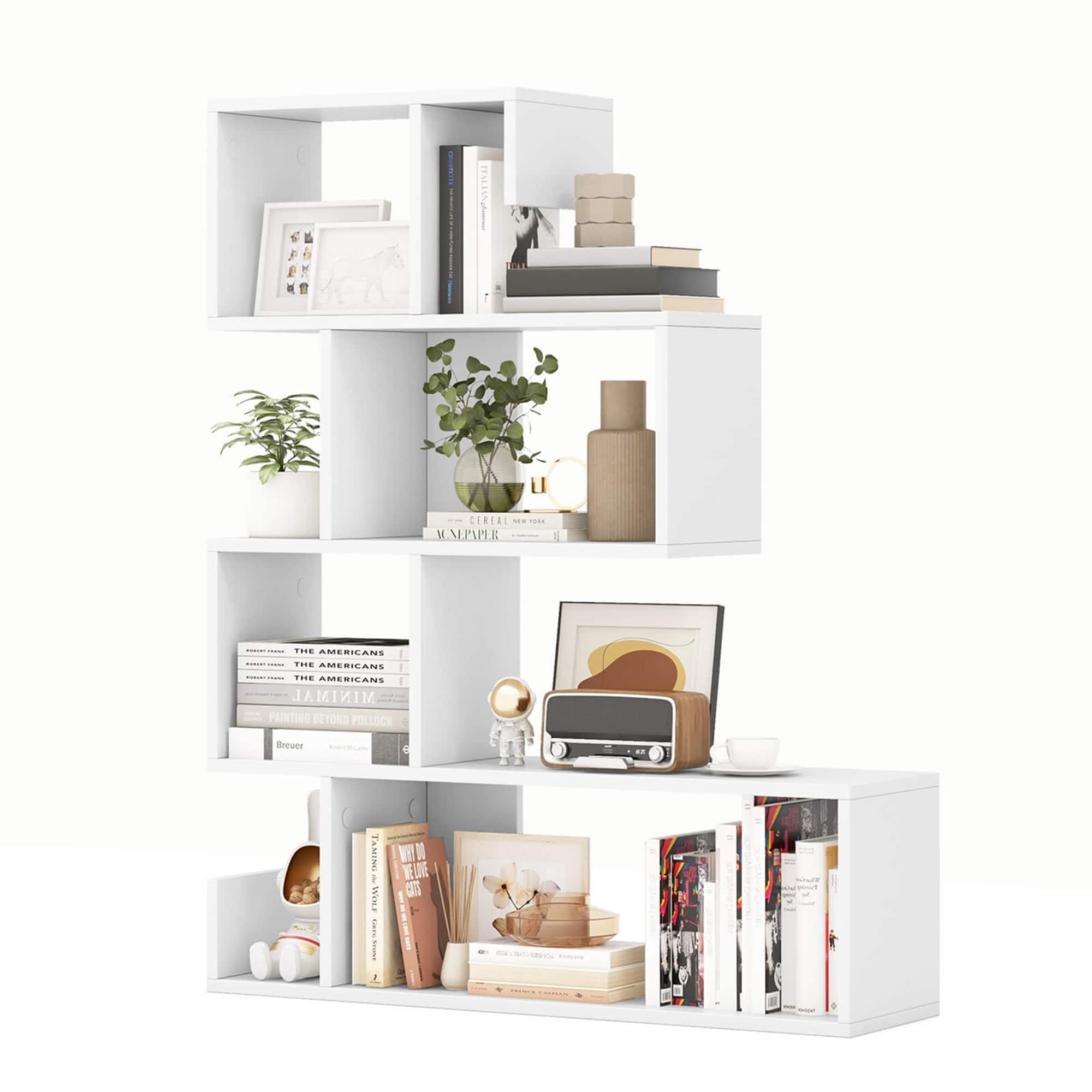 The image features a white bookshelf filled with various items. On the shelves, there are several books, a vase, a potted plant, a clock, and a cup. The bookshelf is arranged in a way that maximizes the available space, with the books placed in different positions and orientations. The combination of these items creates a visually appealing and functional display.