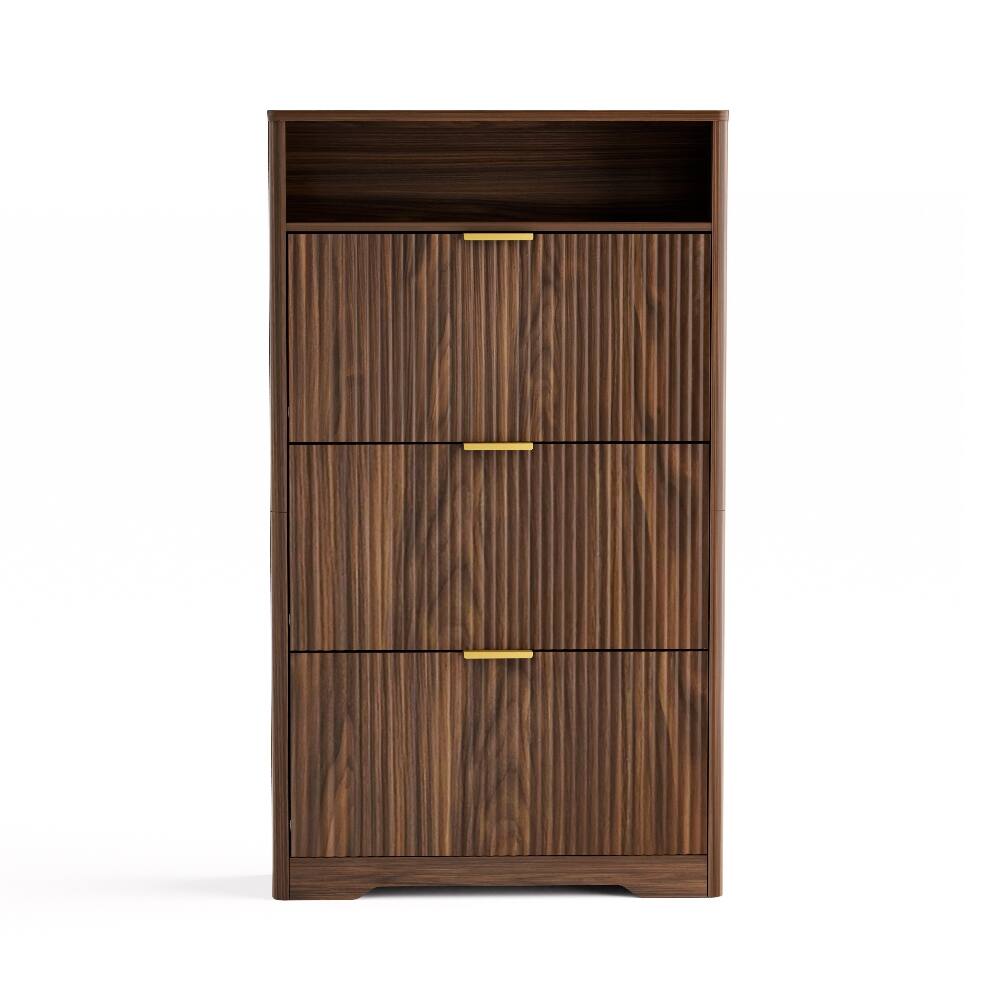 Alt View 3. Loheer - Loheer Hidden Shoe Storage Cabinet, 3 Flip Drawers Shoe Cabinet, Tall Freestanding Shoe Organizer, Walnut - Walnut.