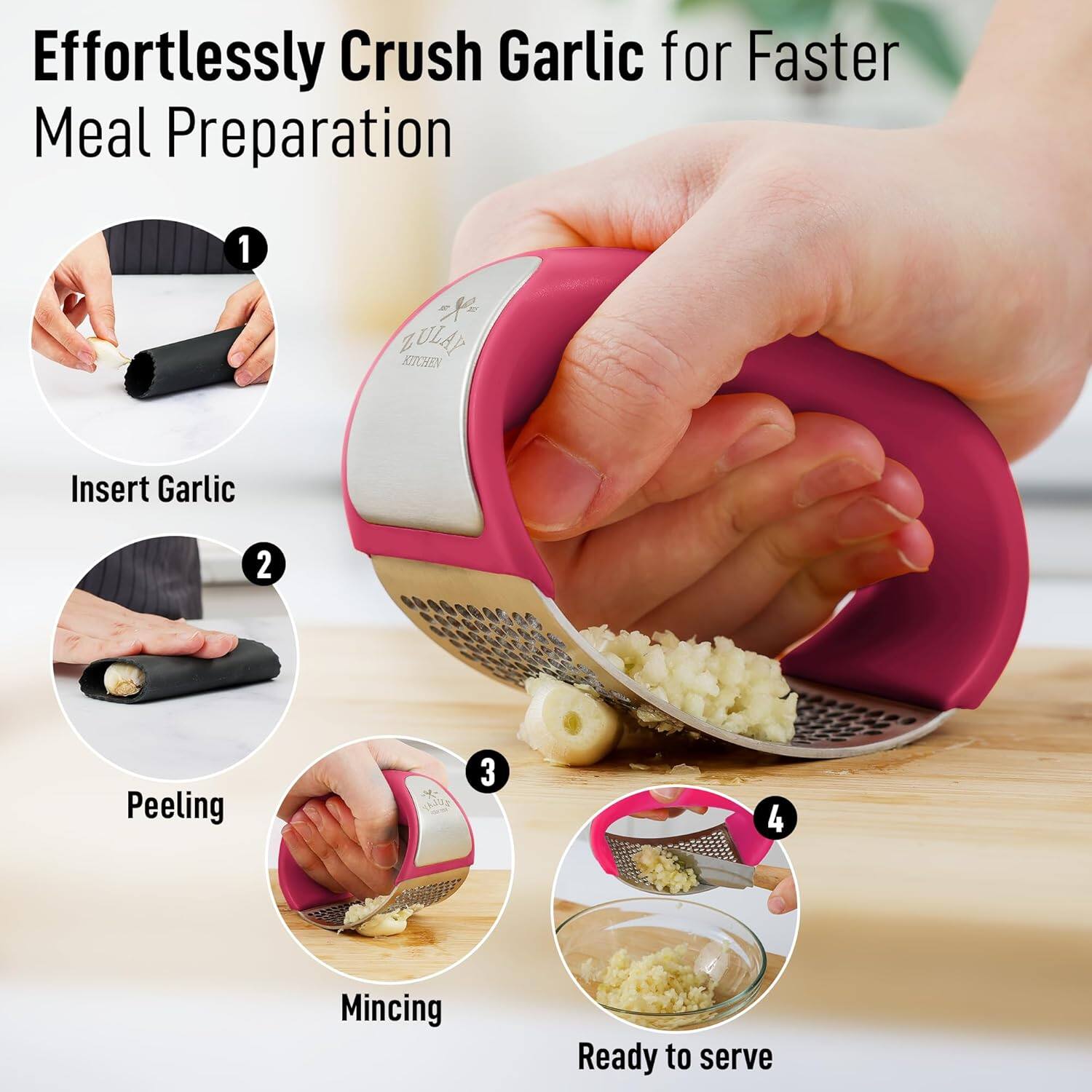 Effortlessly Crush Garlic for Faster Meal Preparation

1. Insert Garlic
2. Peeling
3. Mincing
4. Ready to serve